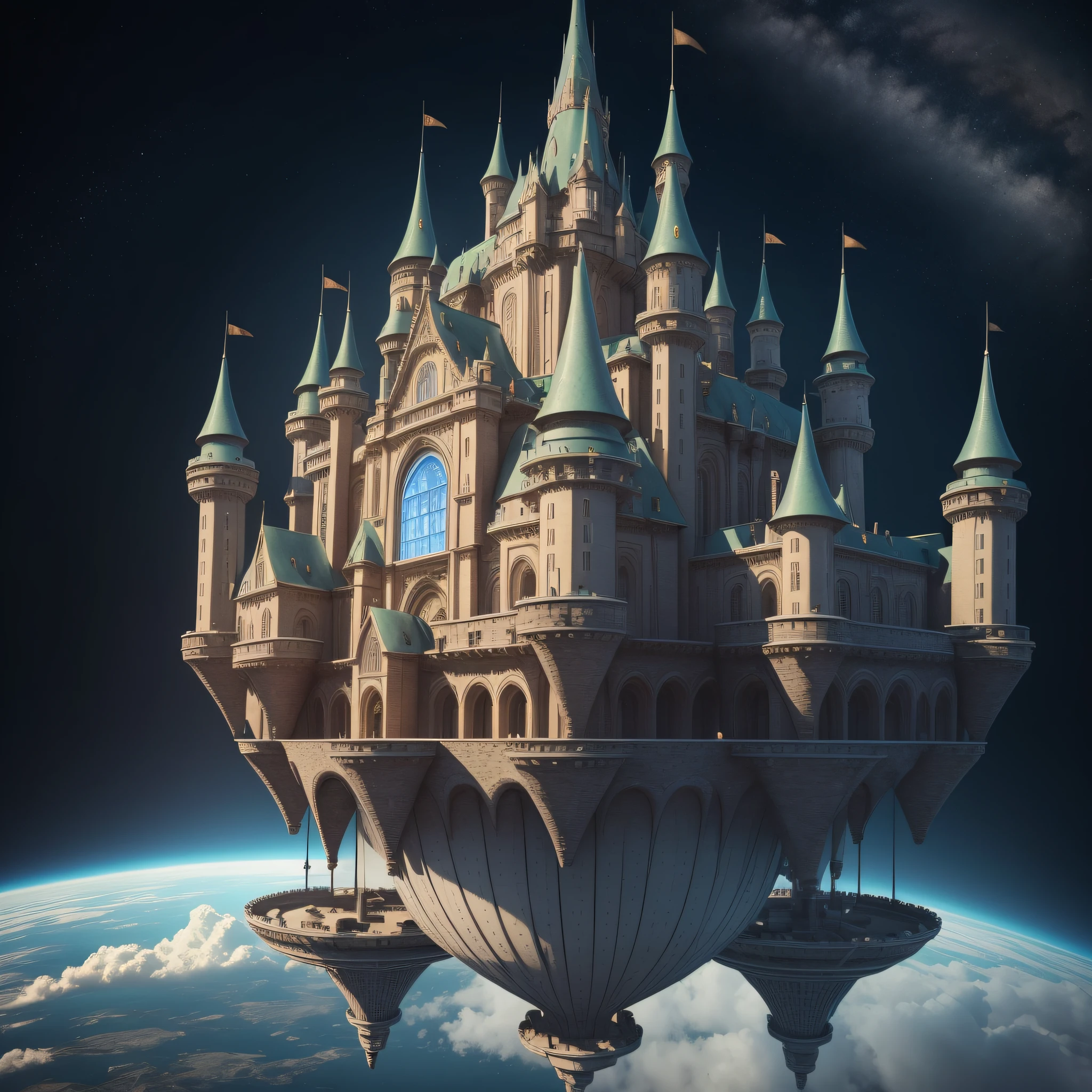 (Masterpiece), (Best Quality), (Ultra high Detailed), A disc-shaped UFO with 10 jet engines, and a castle is built on top of the UFO.