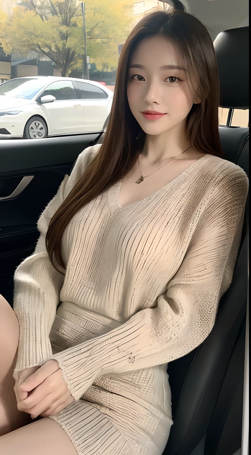 ((Best Quality, 8k, Masterpiece: 1.3)), Focus: 1.2, Perfect Body Beauty: 1.4, Buttocks: 1.2, ((Delicate Hair)), (Sweater Dress: 1.1), (Sports car, street: 1.2), Highly detailed face and skin texture, Fine eyes, Double eyelids, Whitened skin, Smile, Wearing necklace, ring, person sitting inside a car.