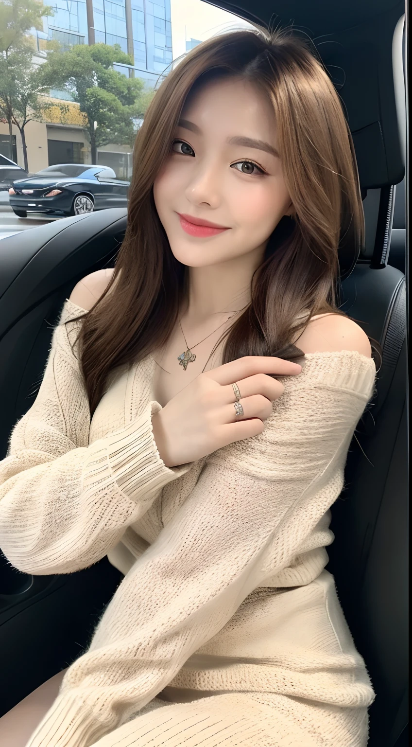 ((Best Quality, 8k, Masterpiece:1.3)), Focus:1.2, Perfect Body Beauty:1.4, Buttocks:1.2, ((Delicate Hair)), (Sweater Dress:1.1) , (Sports car, street: 1.2), Highly detailed face and skin texture, Detailed eyes, Double eyelids, whitening skin, Big breasts, smile, wearing necklaces, rings, people sitting in cars with their buttocks up,