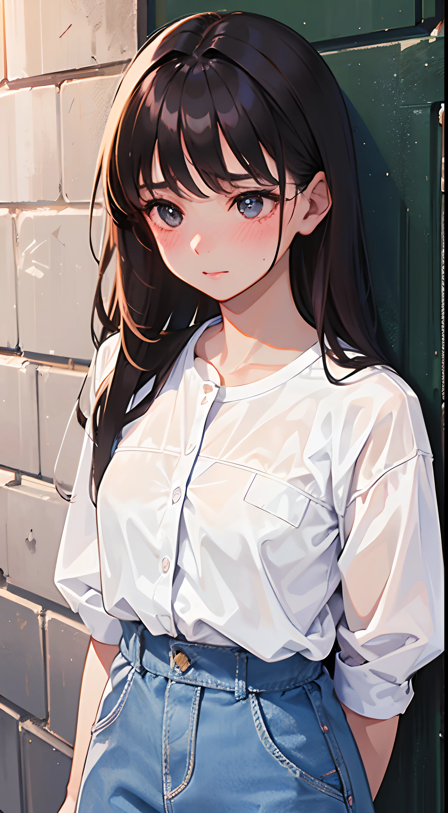 (masterpiece),best quality, cute girl leaning on a wall, embarassed, blushing, intimate moment, cute, cropped shirt, looking down, close, inside, 4k, stunning eyes, semi-realistic, gentle, feminine, delicate,ephemeral,(soft), BREAK she is embarassed, she is blushing, she is beauitful, cute image