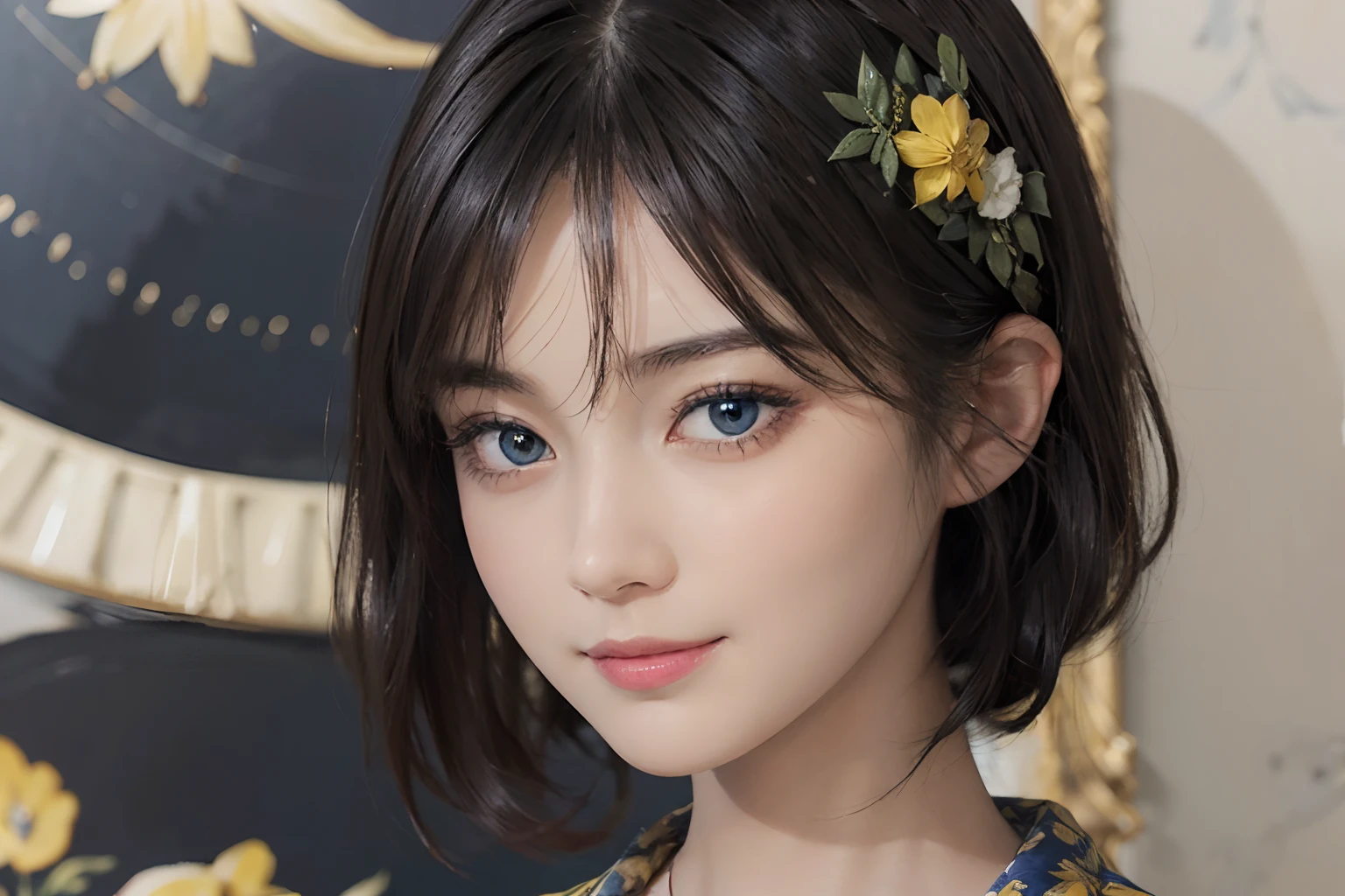 (((Black Shorthair))), (Louvre Museum), Pose Seductive, (A hyper-realistic), (Illustration), (Increased resolution), (8KUHD), (Extremely detailed), (Best Illustration), (Beautiful and detailed eyes), (Best Quality), (ultra-detailliert), (masutepiece ), ( Wallpaper), (Detailed face), Solo, (One woman dressed in blue and yellow), (Floral clothing), (Breast bulge), Fine details, Detailed face, Deep Shadows, lowkey, pureerosfaceace_v1, Smiling, 46 point slanted bangs, (Stand in front of an abstract painting), Wearing a necklace
