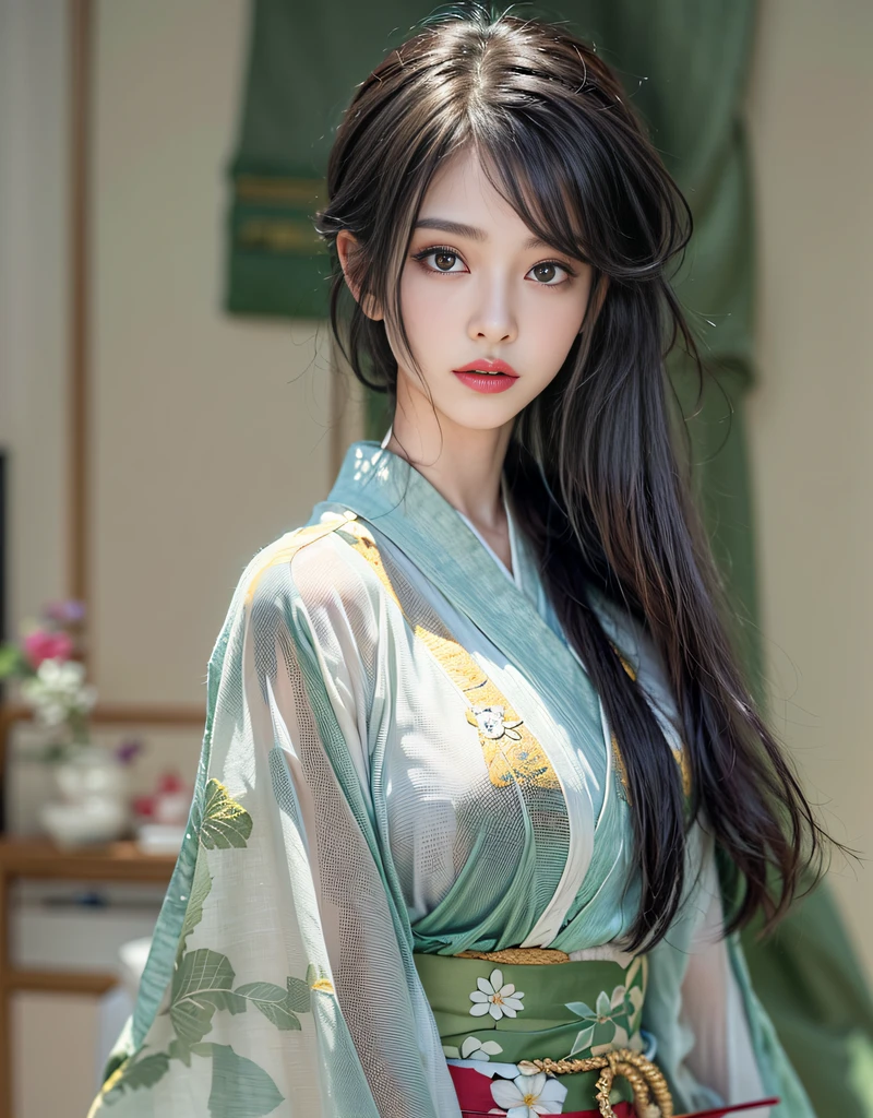 (Beautiful model who appeared in an singlet kimono worn under kimono commercial, The front of the kimono is elegantly closed, beautiful straight long black hair), solo, ((face is 80% beauty and elegance, 20% pretty and cute:1.5)), clear eyes, (detailed eyes, light green eyes, bright pupils), Double Eyelids, (sexy lips with a little thickness:1.2), ((Highly detailed and amazingly high resolution linen single kimono:1.2)), Highly Detailed Face Texture, striking body shape, curvy and very attractive woman, high-resolution RAW color photo pro photo, BREAK ultra high-resolution textures, High-res body rendering, big eyes, unparalleled masterpiece, incredible high resolution, super detailed, stunning ceramic skin, BREAK ((In this photo, she is wearing a see-through single kimono made of very thin linen fabric:1.5)), ((The main color is white, and a  water pattern is drawn in see-through white:1.2)), (A carefully crafted classic and traditional Japanese single kimono), ((a flowing water pattern made of mesh:1.2)), ((The fabric is made of very thin linen and feels cool)), BREAK ((Best Quality, 8k)), Crisp Focus:1.2, (Layer Cut, Big:1.2), (Beautiful Woman with Perfect Figure:1.4), (Beautifully shaped breasts:1.3), Slender waist, (Correct hand shape:1.5), (Full body shot | cowboy shot)