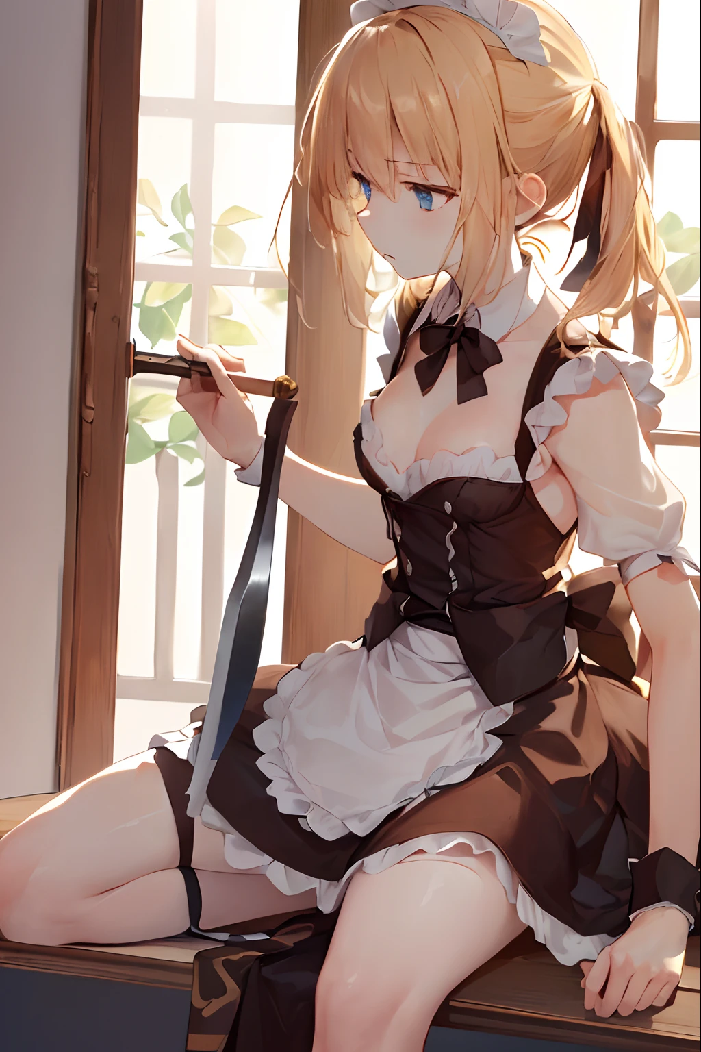 (​masterpiece}, {hight resolution}, {Good anatomy}, (top-quality), (extremely delicate and beautiful), (8k cg wallpaper), (illustratio), 1 girl in, a blond, maid clothes, Akame, Combat posture, Holding a knife, perspiring, Serious gaze, Breathing method, small udder, (Looking away:1.4)