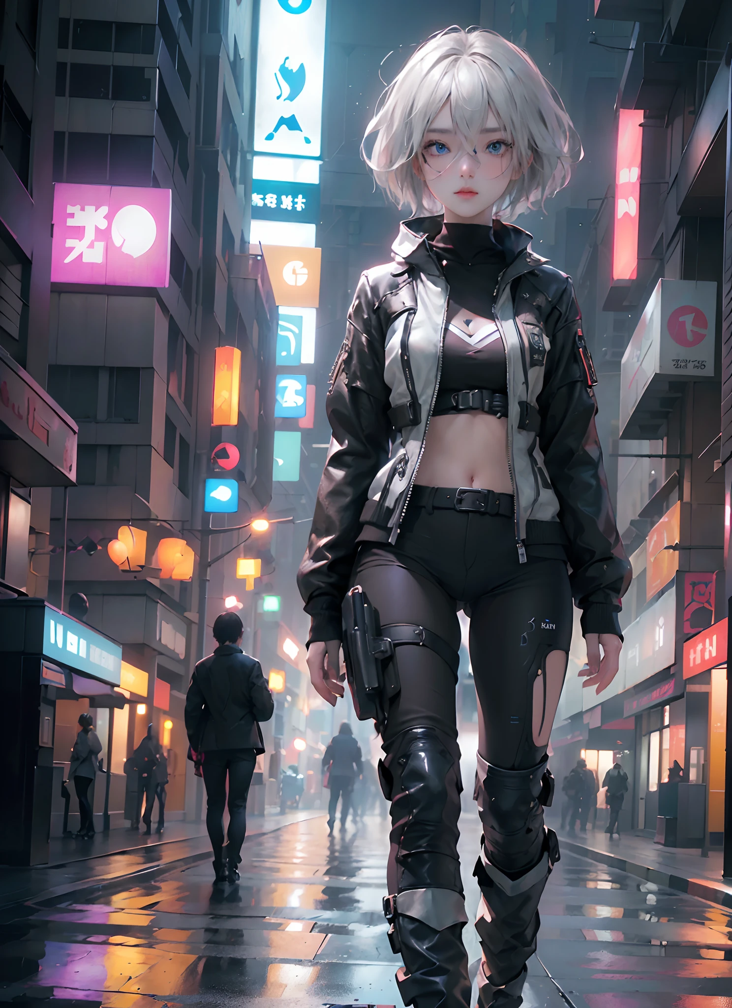 ((top-quality)), (((masterpiece)), (detaileds: 1.4), 3D, Beautiful Cyberpunk Woman Image, bob cuts, Broken black tights, leather clothes, Electromechanical, nffsw(HighDynamicRange), Ray traching, NVIDIA RTX, Hyper-Resolution, Unreal 5, Sub-surface scattering, PBR Texture, Postprocess, Anisotropy Filtering, depth of fields, Maximum sharpness and acutance, Multilayer Texture, Albedo and Highlight Maps, Surface Coloring, Accurate simulation of light-material interactions, perfectly proportions、octane renderings、two tone lighting、Large aperture、Low ISO、White Balance、thirds rule、8K Raw、masterpiece、top-quality、(8k extremely detailed CG unit wallpaper)(top-quality)、(The best illustrations)、(Best Shadows), innocent blue eyes, short hair, big titt
