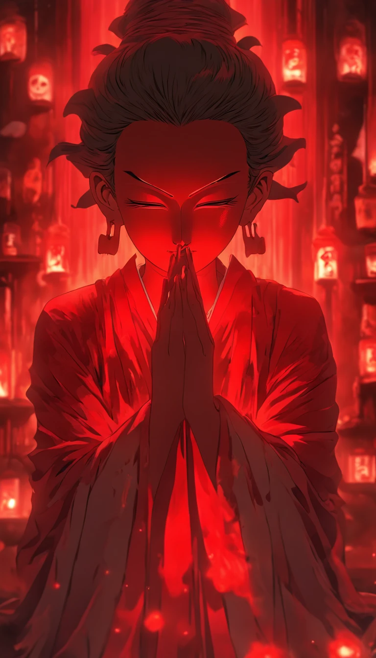 Blood red room, Flashing white TV screen, BUDDHA STATUE, cabelos preto e longos, with hair dishevelled, Cover one eye and face, Bright red eyes, Wearing a white transparent robe, Looming full breasts,liquor,Devil， reaching out her hands，Straighten your body, Red nails are exposed, Pinch the camera, hyper HD, Anatomically correct, Textured skin, Super detail, High details, High quality, A high resolution, 8K, hyper HD, Anatomically correct, Textured skin, Super detail, High details, High quality, Best quality, 8K,Leishnampo,Room 2,Horror