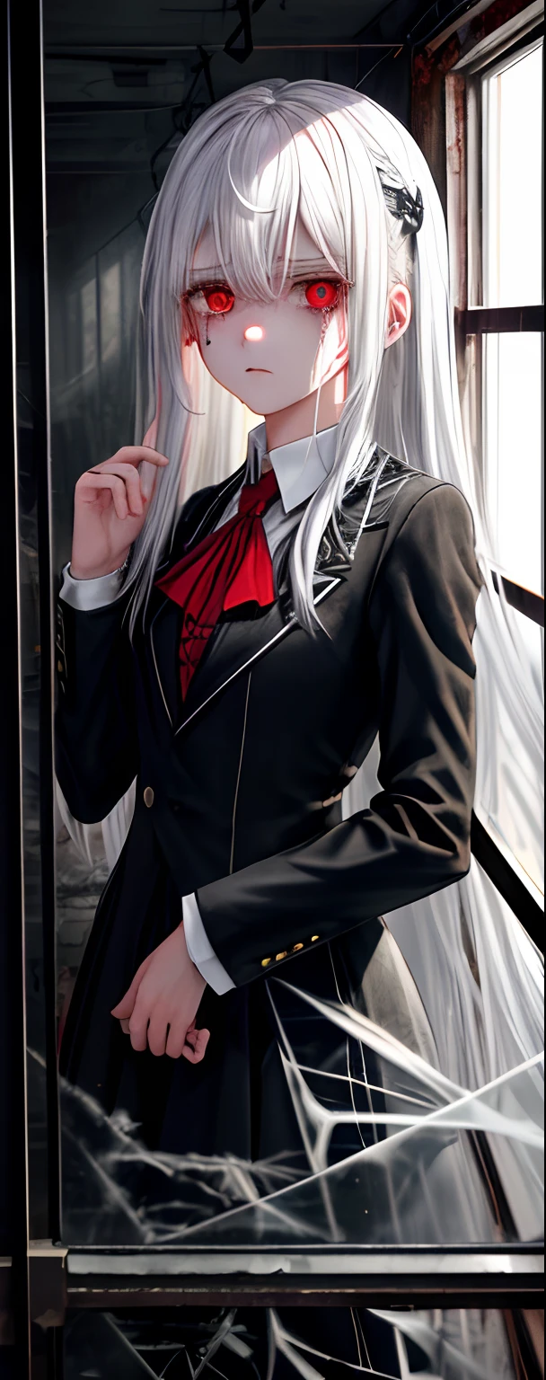 1girll, White hair, Red eyes, (teens girl_Shot:1.2), Face focus, Long hair, side locks,Collapsed crying，Extreme panic，After being violated ，Scared,(terrified:1.1) expression, holding teddy bear, Atmospheric lighting, Moody, Darkness, In an abandoned old museum, Clear glass display case full of interesting items, Dusty, Post-apocalypse, spiderwebs, masterful, Beautiful 8k wallpaper, Extremely detailed, Intricate，Wear a black and white suit，Broken clothes，Bleeding in the lower body