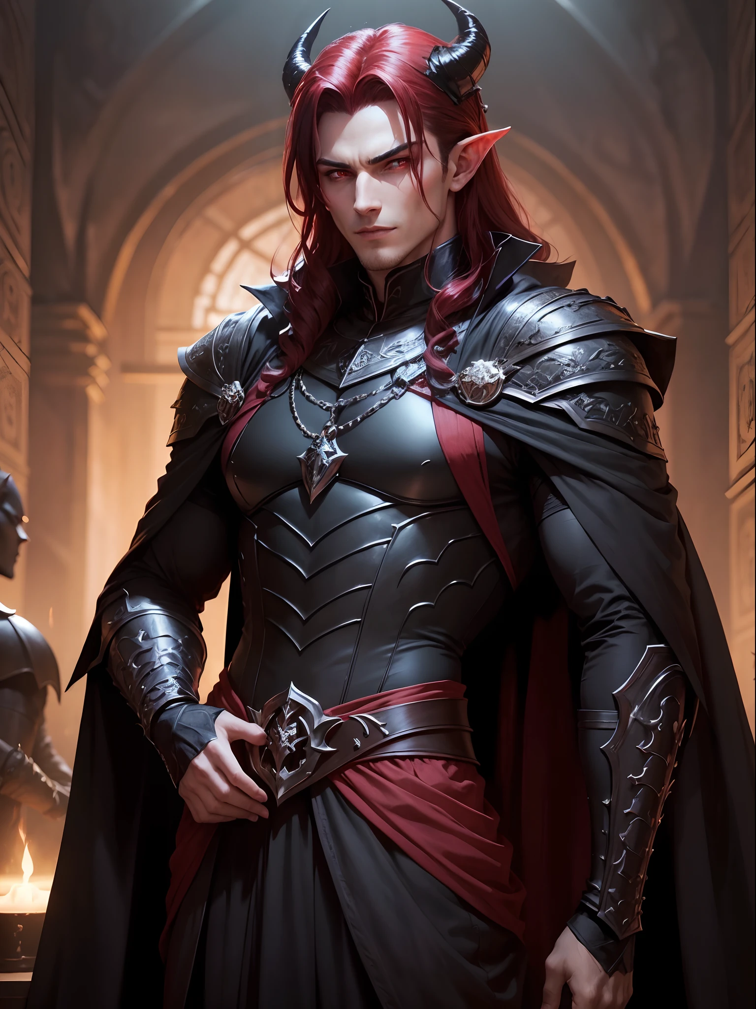 A handsome male tiefling with black horns and long dark red hair and red eyes, like a king of demons in a dark castle of black rocks, dark colors, he is wearing clothes of a dark and elegant king, like an attractive villain with a seductive smile and a cool look, is the villain of an RPG is wearing dark medieval clothes; Use dark shades The image has to portray the essence of a villain in clothes of: demon the essence of fire she is inspired by volcanoes her dark essence through a medieval RPG art Conceptual Game Art rpg medieval art art illustration rpg he is young and beautiful a villain with an impressive like that of a villain smile with a gentle look