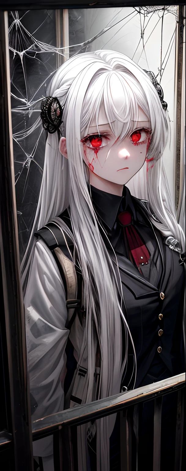 1girll, White hair, Red eyes, (s girl_Shot:1.2), Face focus, Long hair, side locks,Collapsed crying，Extreme panic，After being violated ，Scared,(terrified:1.1) expression, holding teddy bear, Atmospheric lighting, Moody, Darkness, In an abandoned old museum, Clear glass display case full of interesting items, Dusty, Post-apocalypse, spiderwebs, masterful, Beautiful 8k wallpaper, Extremely detailed, Intricate，Wear a black and white suit，Broken clothes，Bleeding in the lower body