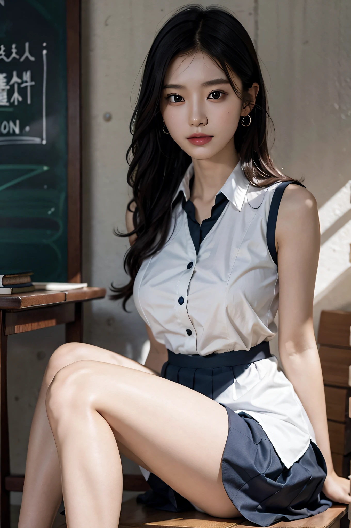 (very huge round breasts, perfect anatomy:1.4), (short hair, wavy hair, full body:1.1), (Korean school uniform, summer school uniform shirt, sleeveless,:1.4), whole body, RAW photo, extremely delicate and beautiful, masterpiece, Best Quality, ultra high resolution, 16k, hyperrealistic, ultra-detailed, Very detailed CG 8k wallpaper, Beautiful Lighting, Perfect Lightning, Realistic Shadows, super Detailed shiny skin, perfect figure, Japanese woman, late 20s, Slim body, Slim abdomen, very small head, handsome detailed woman, very detailed eyes and face, realistic face proportions, Stunning detailed eyes, Realistic beautiful face, very small face, Realistic small beautiful eyes, double eyelids, makeup, tearful mole, mole on chest, earring, bare legs, beautiful and very thin legs, beautiful and very thin thighs, narrow waist, (cleavage, Soft midriff, Fine Collarbone, off-shoulder:0),