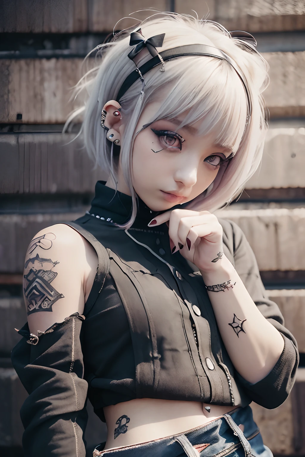 black hair, hair bobbles, wince, longeyelashes, solid circle eyes, fake animal ears, light smile, ear blush, fang, Surrealism, drop shadow, anaglyph, stereogram, tachi-e, pov, atmospheric perspective, 8k, super detail, ccurate, best quality nsfw, 1girl, platinum blonde, short hair, green eyes, braids, small lively breasts, on the street, night, neon sign, white t-shirt, braless, black pants, poker face, front view, standing, in the crowd,