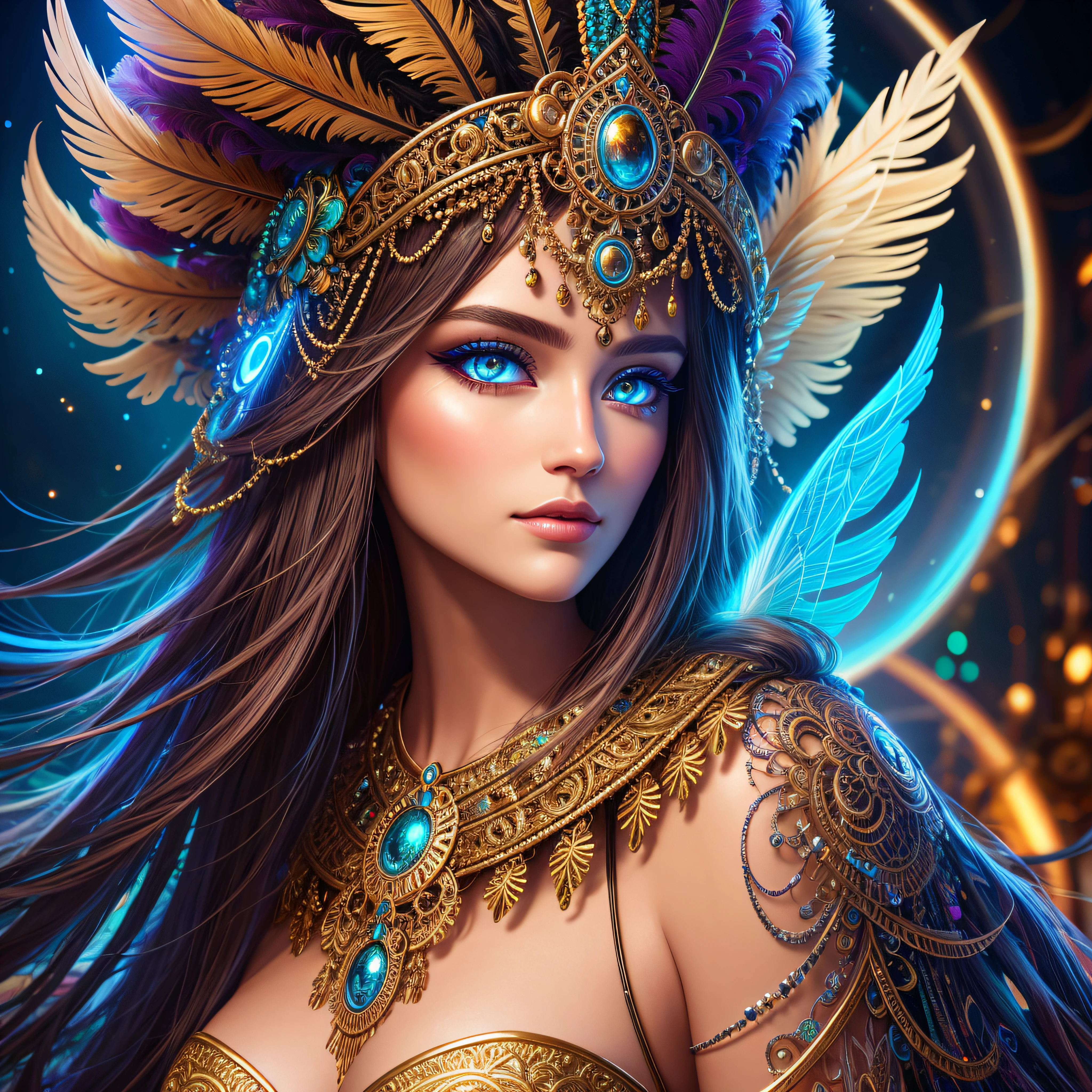 there is a woman with a feather headdress and a feathered eye, intricate digital painting, intricate eyes, stunning digital illustration, 4k highly detailed digital art, intricate artwork. neon eyes, digital painting | intricate, magical eyes, overdetailed digital art, mystical eyes, elaborate digital art, dark but detailed digital art, intricate wlop, intricate eye detail focus, STYLE DMT