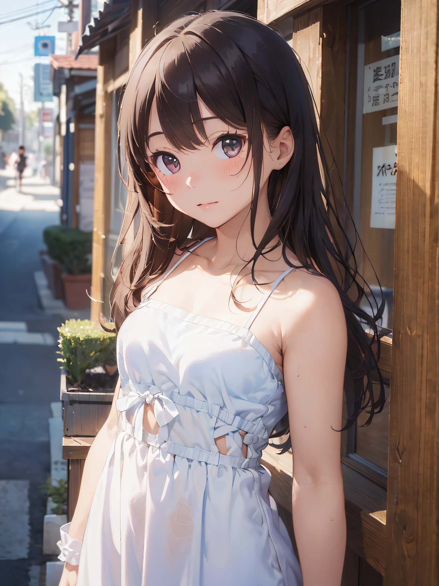 (masterpiece:2.0), (top-quality:2.0), (white Tube top extremely short length dress made by towel:1.5), (perfect exposed shoulders:1.5), (perfect exposed nape:1.5), (super sexypose:1.5), (blushed face:1.3), (barechested:1.3), (realistic:1.5), 1 girl, precise small hands, Embarrassed look, light smile, extremely cute girl, innocent face, young face, Clear eyes, Shining eyes, shoulder is visible, small breast, thigh is visible, No pubic hair, The beautiful skin, ultra-definition, Top resolution, japan high school student, brown hair