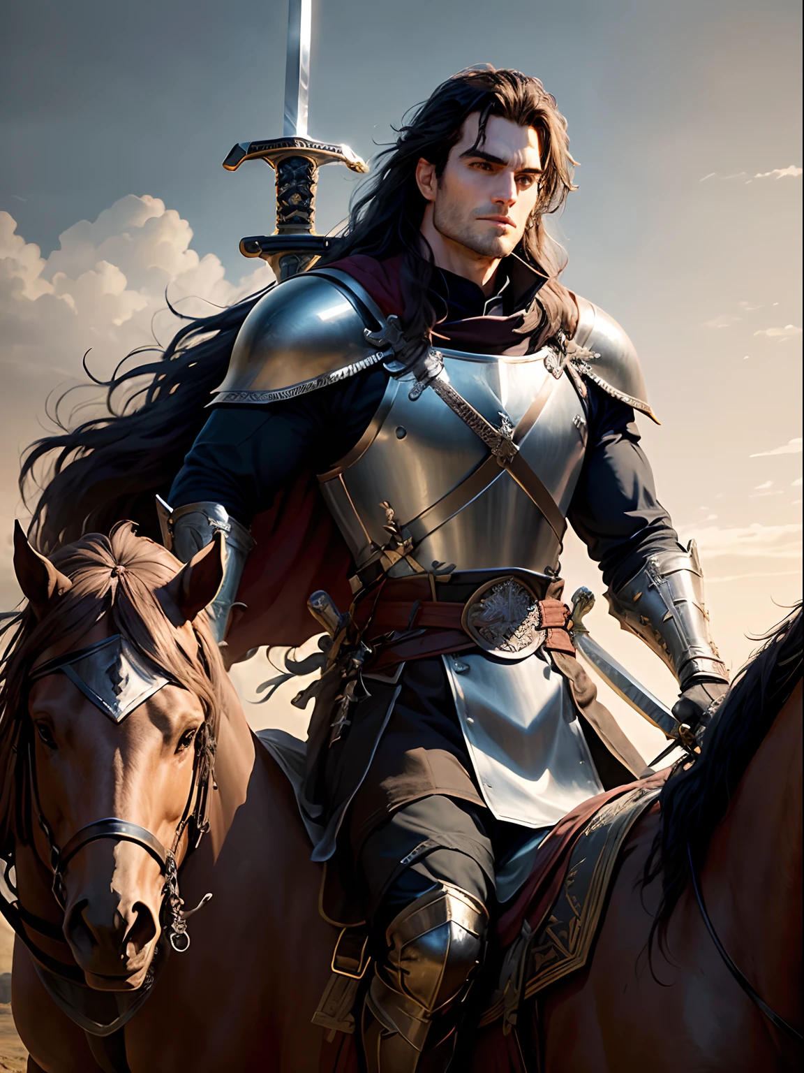 High-resolution portrayal of a Black Knight, set in a mesmerizing landscapescape. Detailed depiction of a solitary male figure, clad in a black medieval armor, complete with a stylized helmet adorned with a plume. The knight's face is bearded, designed meticulously, featuring a thick, well-groomed beard and a brooding, matured visage. prominently etched brows and a stubble beard accentuate his rugged allure.
His armor, though dark, is elaborately crafted, gleaming under the ethereal sunlight. His eyes, ultra-detailed and piercing, hold a cold gaze,
