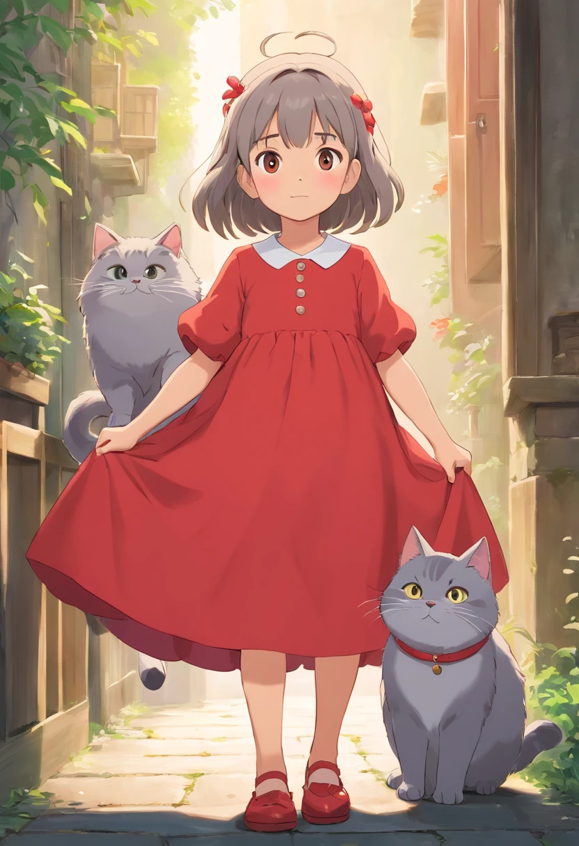 One ，in a red dress，A gray fat cat，in style of hayao miyazaki，hiyao miyazaki，in style of ghibli：1.8