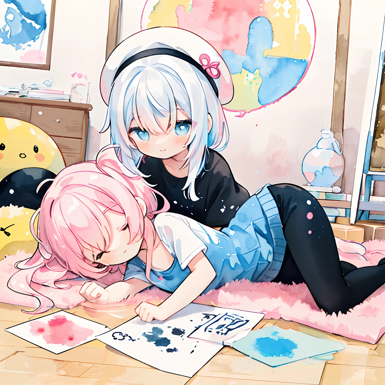 (PastelColors:1.5)、(Cute illustration:1.5)、(watercolor paiting:1.2)、hair between eye、pink back ground、girl with、full body Esbian、facing front、Ink motifs、colorful ink、smil、Looks fun、Innocence、White hair、multicolored hair、(a little yellow on white hair,,,,,,, Light blue and pink hair:1.0)spreading arms widely、Ink Flutter、Wear ink、Lying on the floor、Sleep on the floor、Turn your body to the floor、Graffiti on the floor、Working with Ink、夏天、beret、Ink berets、Daytime、Ink splatters on the floor、colorful ink、A girl floats in the air、Fall、the wind、Pouring water、Splash、white t-shirts、Shoulder T-shirt、Black tank top、Looks fun、Innocence、Ink on cheeks、Street
