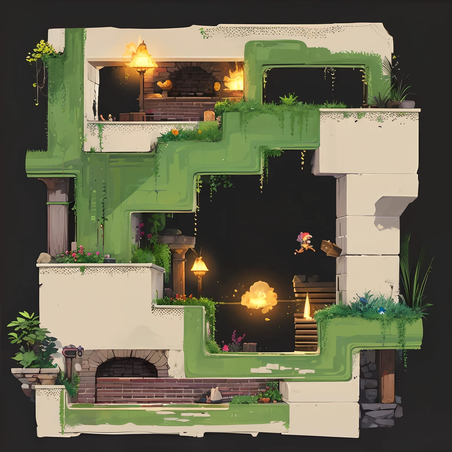 A platform game cave dungeon, rocks, chests, leathers, platformer, sidescroller, gameplay, by eme, plant, stairs,
simple background, white background,