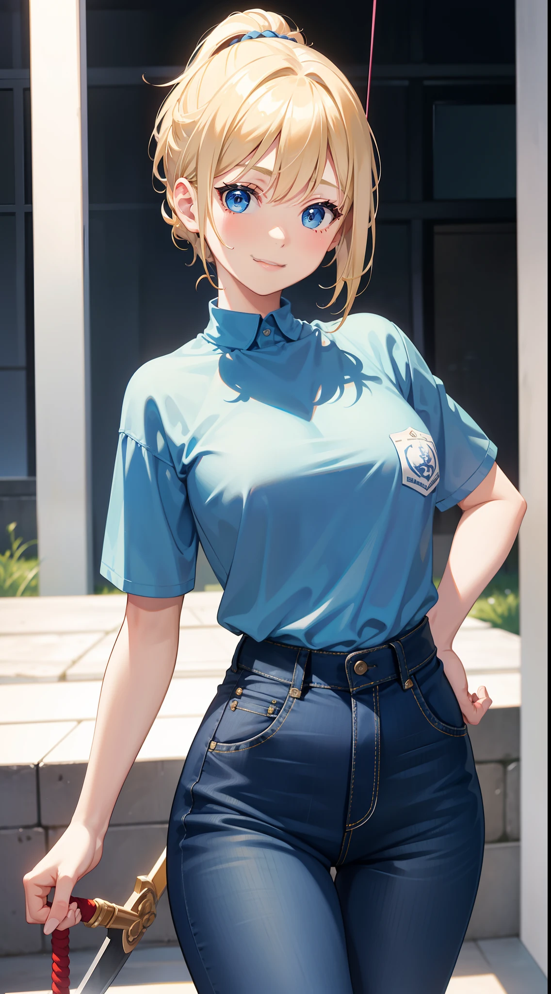 young girl, short blonde hair, high ponytail, blue eyes, Smile, Blue tight shirt, Jeans, Open showers, two swords, Fly on ropes, Masterpiece, hiquality, 4k, HD, Good detail