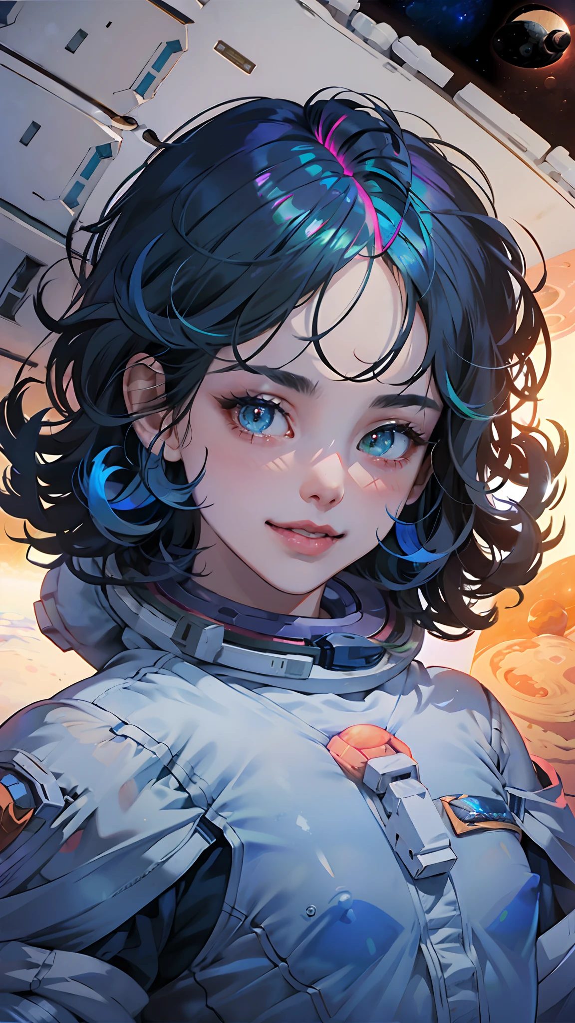 (Innovative spacesuit design)、Create ultra-detailed and futuristic images of beauty astronauts,(Ultra-futuristic design spacesuit) 、((((Small breasts))))、26 year old、(((A slender)))、Earth Eye、((((((Photorealsitic)))))、high-level image quality、Raw photo、8K、((((Iridescent inner hair)))、((((((Work in space))))))、A futuristic space city is in the background、red blush、Shy、Cheerful face、