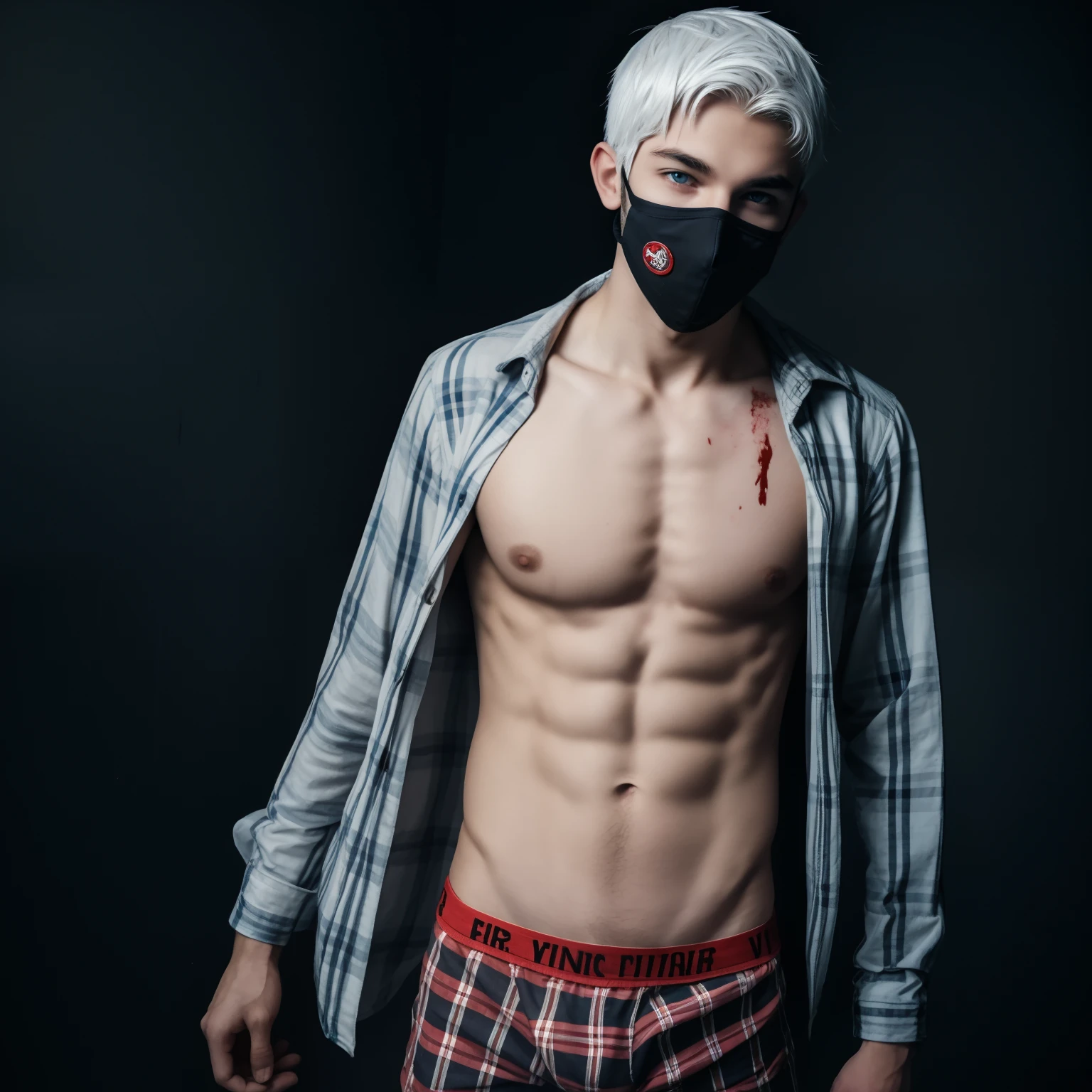  male posing, boxerbriefs, skinny body, atmospheric, cute face, white hair, blood, mask, dead inside, plaid shirt
