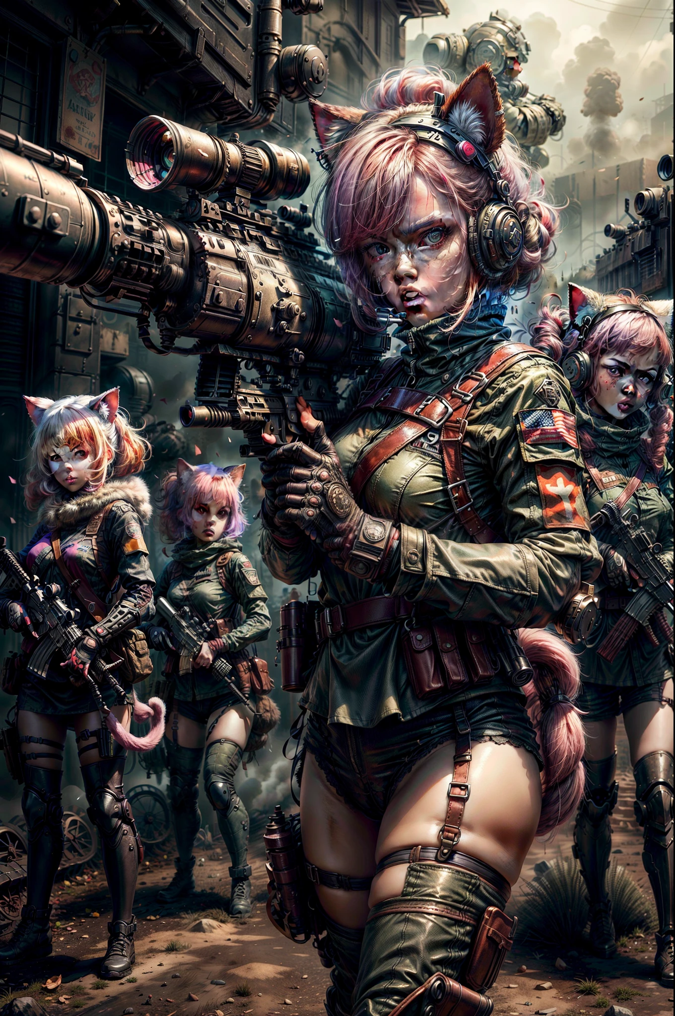 best quality , masterpiece, 4females, kawaii girls with assault rifles in a battle field, in full set of swat armor, kawaii, cute clothes, detailed face, holding gun, assault rifle, military uniform, ((aiming gun at viewer)), depth of field, angry looking. pink hair, white hair, cat ears