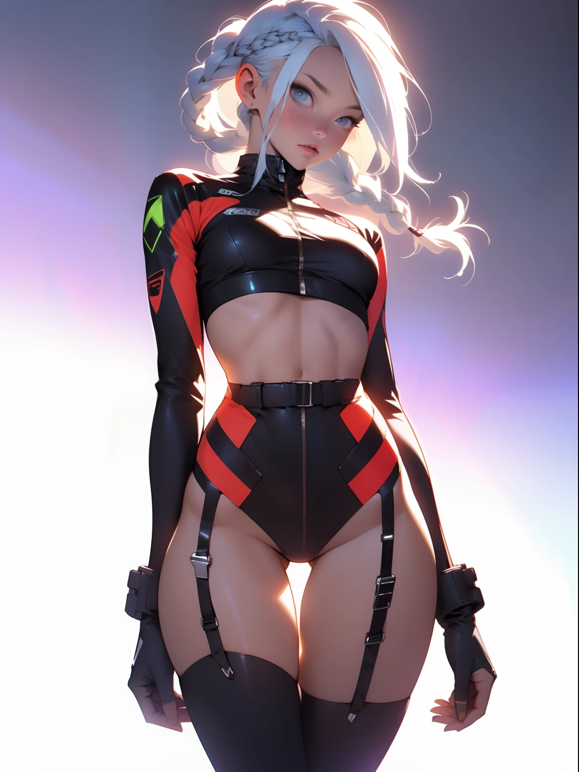 ((Best quality)), ((masterpiece)), (detailed: 1.4), (Absurd), War-ready female fighter pilot with military bikini, Marine, dark skin, defined sculpted body, full body, bare thighs, closed mouth, cyberpunk, semi naked, generous neckline, ((perfect medium breasts)), (super light blue eyes without pupils), (((military camouflage bikini)), (((white hair with braid)))), long eyelashes heavy makeup, garter belt, by mucha, niji --V5, close to real, psychopathic, perfect face, sexy pose, background with a giant head, 2 piece clothing, pastel, centered, scale to fit the dimensions, HDR (High Dynamic Range),Ray Tracing, NVIDIA RTX,Super-Resolution,Unreal 5,Subsurface Dispersion, PBR Texture, exposed belly, Post-processing, Anisotropic filtering, Depth of field, Maximum clarity and sharpness, Multilayer textures, Albedo and specular maps, Surface shading, Accurate simulation of light-material interaction, Perfect proportions, thigh gap, Octane Render, Two-tone lighting, Wide aperture, Low ISO, White balance, Rule of thirds, 8K RAW, bright crysisnanosuit bikini, thigh gap, nice hips, bikini panties, perfect legs, synthwave bikinis, bare arms