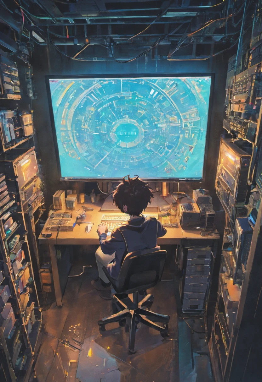 A nerdy is programming on a computer in a room full, A boy sitting in front of a quantum computer, looking at his future
