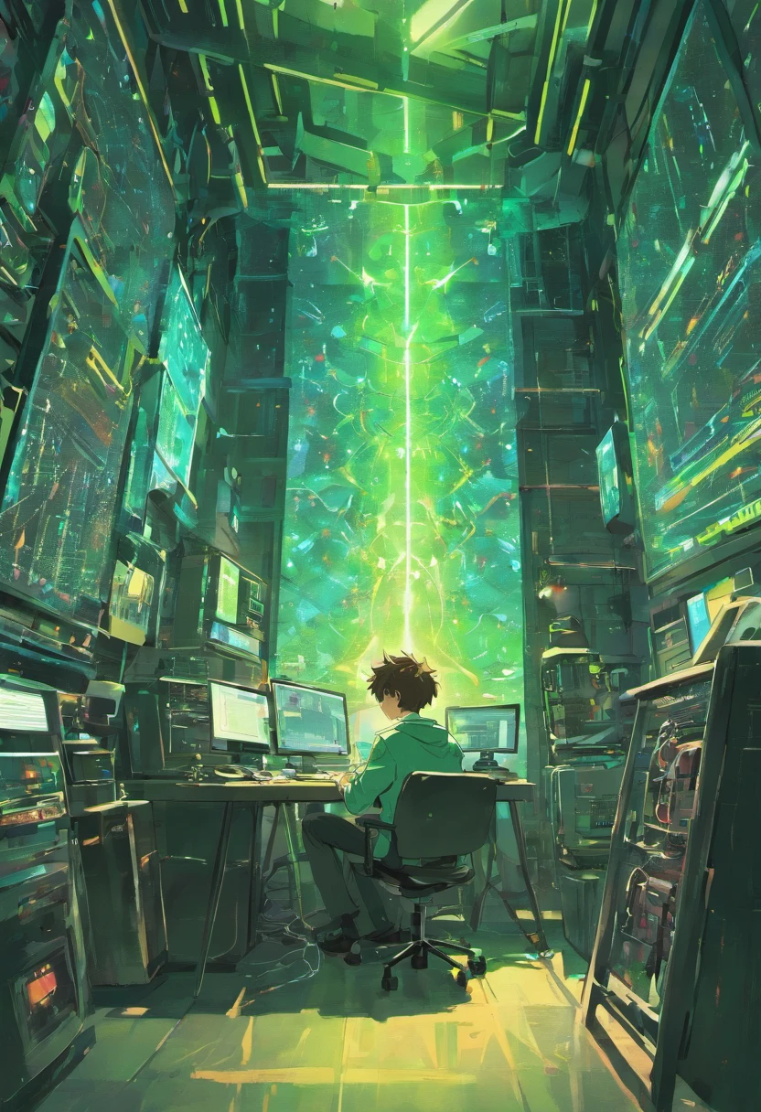 A nerdy kid is programming on a computer in a room full, A boy sitting in front of a quantum computer, looking at his future