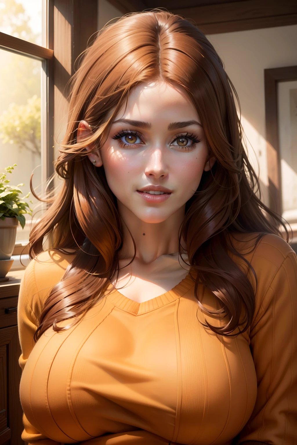 Lucy Pinder, retrato, Retrato de cara, sonriente, voluptuoso, labios rojos, escote, anteojos, cabello rizado, cabello largo, brown-hair, orange sweater, vaqueros, sentada.