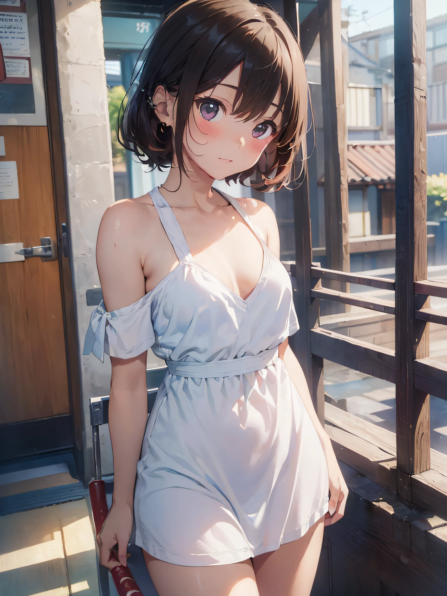 (masterpiece:2.0), (top-quality:2.0), (white Tube top extremely short length dress made by towel:1.5), (perfect exposed shoulders:1.5), (perfect exposed nape:1.5), (super sexypose:1.5), (blushed face:1.3), (barechested:1.3), (realistic:1.5), 1 girl, precise small hands, Embarrassed look, light smile, extremely cute girl, innocent face, young face, Clear eyes, Shining eyes, shoulder is visible, small breast, thigh is visible, No pubic hair, The beautiful skin, ultra-definition, Top resolution, japan high school student, brown hair