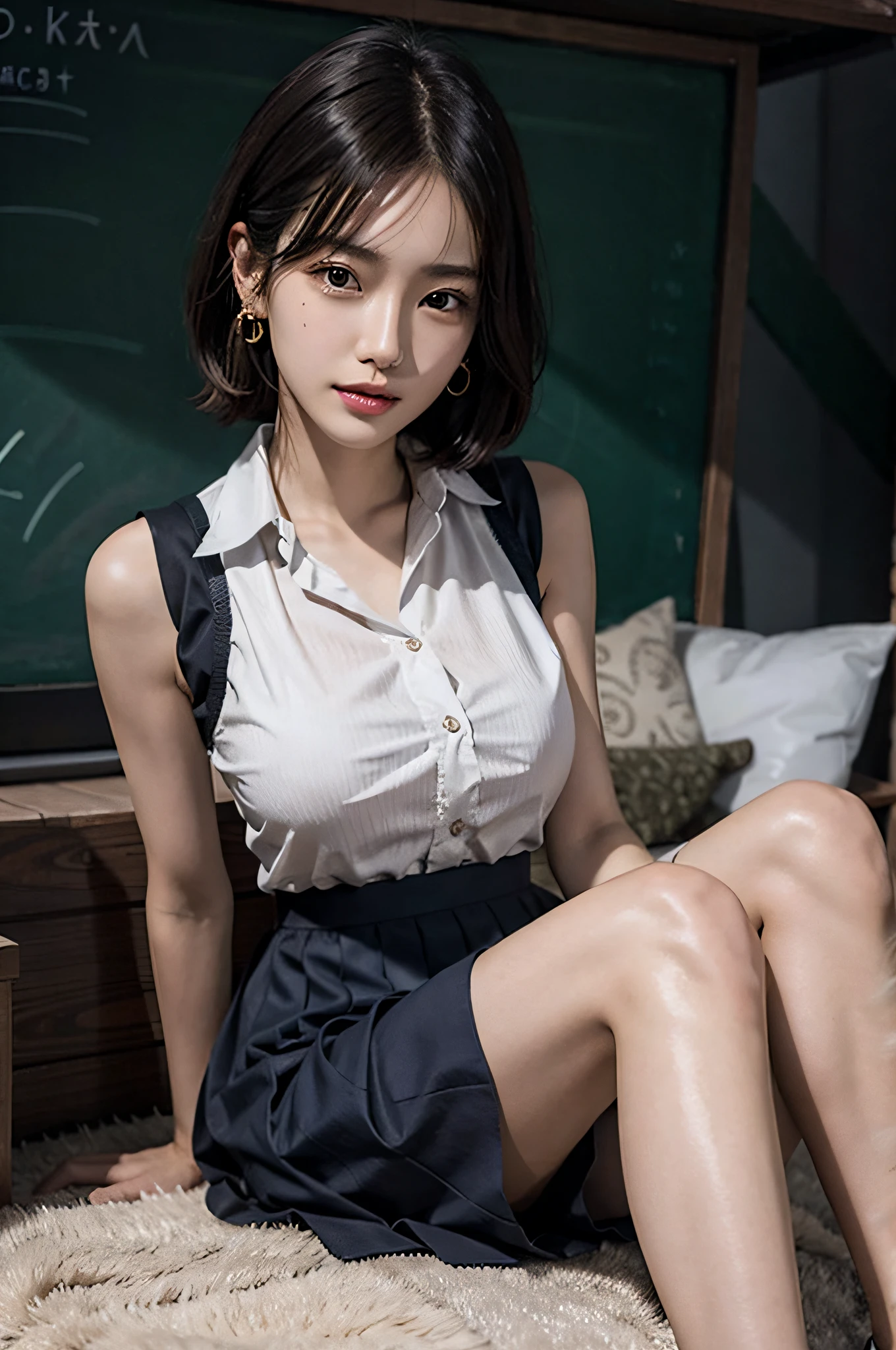 (very huge breasts, perfect anatomy:1.4), (short hair, wavy hair, full body:1.1), (Korean school uniform, summer school uniform shirt, sleeveless,:1.4), whole body, RAW photo, extremely delicate and beautiful, masterpiece, Best Quality, ultra high resolution, 16k, hyperrealistic, ultra-detailed, Very detailed CG 8k wallpaper, Beautiful Lighting, Perfect Lightning, Realistic Shadows, super Detailed shiny skin, perfect figure, Japanese woman, late 20s, Slim body, Slim abdomen, very small head, handsome detailed woman, very detailed eyes and face, realistic face proportions, Stunning detailed eyes, Realistic beautiful face, very small face, Realistic small beautiful eyes, double eyelids, makeup, tearful mole, mole on chest, earring, bare legs, beautiful and very thin legs, beautiful and very thin thighs, narrow waist, (cleavage, Soft midriff, Fine Collarbone, off-shoulder:0),