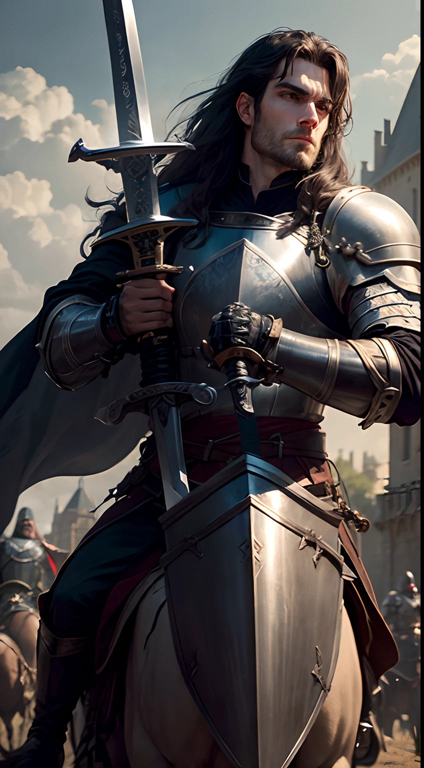 Henry Cavill, as a medieval Templar knight, long hair, robust, grim expression, clad in leather armour, ((large sword in hand:1.3)), riding a horse, on a battlefield, corpses and soldiers in background, castle visible at a distance, dusklight, Templar flag fluttering in the horizon