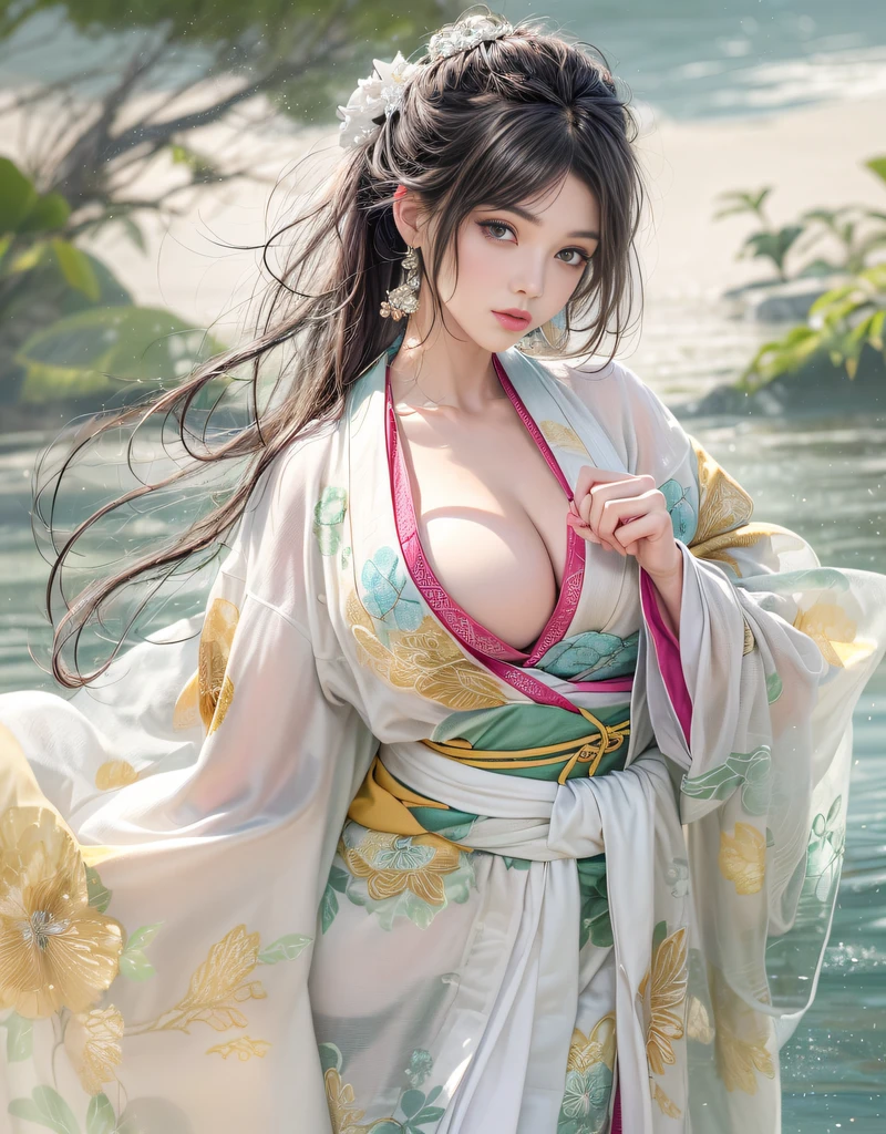 (Beautiful model who appeared in an singlet kimono worn under kimono commercial, The front of the kimono is elegantly closed, beautiful straight long black hair), solo, ((face is 80% beauty and elegance, 20% pretty and cute:1.5)), clear eyes, (detailed eyes, light green eyes, bright pupils), Double Eyelids, (sexy lips with a little thickness:1.2), ((Highly detailed and amazingly high resolution linen single kimono:1.2)), Highly Detailed Face Texture, striking body shape, curvy and very attractive woman, high-resolution RAW color photo pro photo, BREAK ultra high-resolution textures, High-res body rendering, big eyes, unparalleled masterpiece, incredible high resolution, super detailed, stunning ceramic skin, BREAK ((In this photo, she is wearing a see-through single kimono made of very thin linen fabric:1.5)), ((The main color is white, and a water pattern is drawn in see-through white:1.2)), (A carefully crafted classic and traditional Japanese single kimono), ((a flowing water pattern made of mesh:1.2)), ((The fabric is made of very thin linen and feels cool)), BREAK ((Best Quality, 8k)), Crisp Focus:1.2, (Layer Cut, Big:1.2), (Beautiful Woman with Perfect Figure:1.4), (Beautifully shaped breasts:1.3), Slender waist, (Correct hand shape:1.5), (Full body shot | cowboy shot)