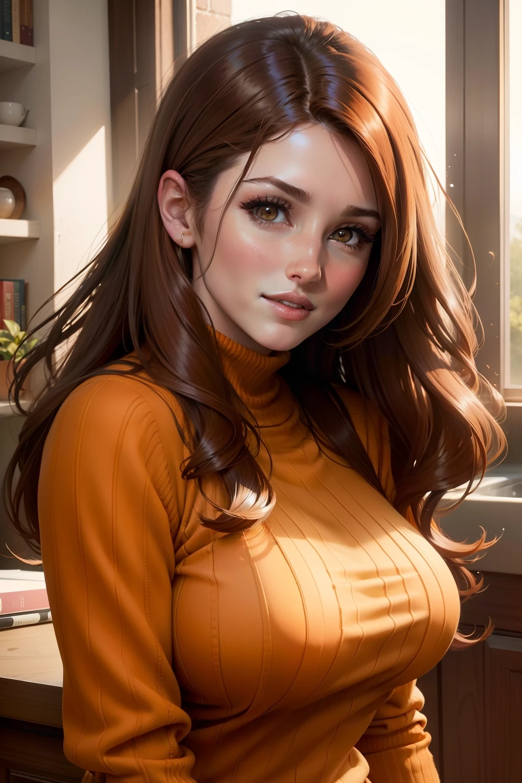 Lucy Pinder, retrato, Retrato de cara, sonriente, voluptuoso, labios rojos, escote, anteojos, cabello rizado, cabello largo, brown-hair, orange sweater, vaqueros, sentada.