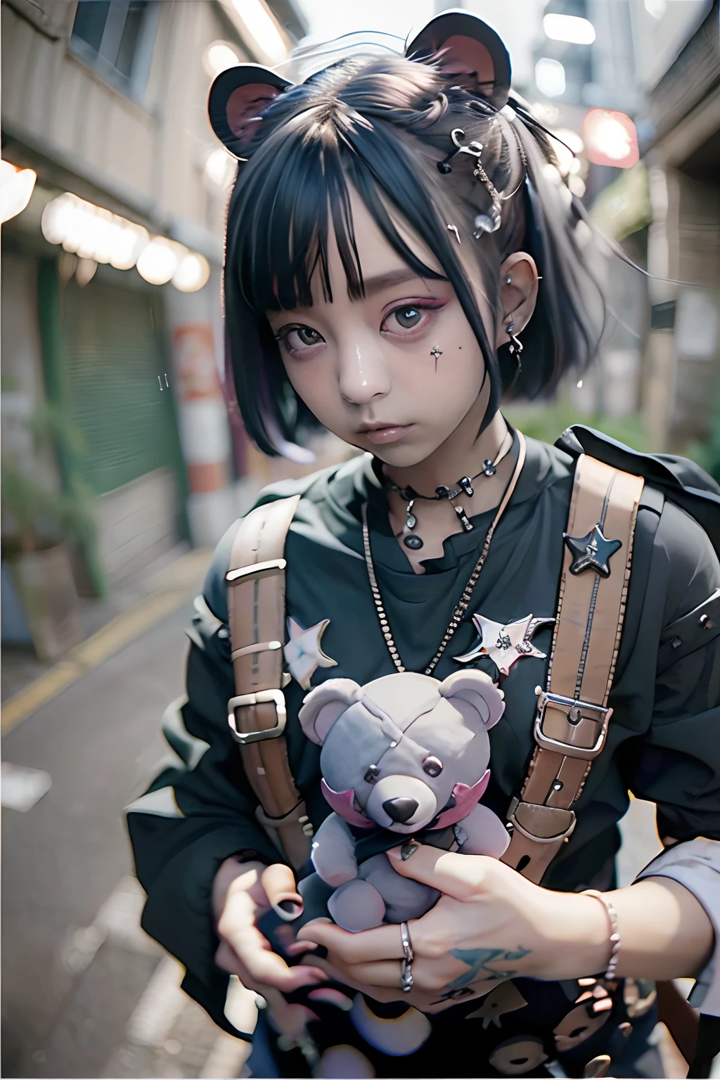 Stuffed Bear、teddy bears、teddy bears、Gothic punk、耳Nipple Ring、hair adornments、A dark-haired、Pink and black color、bob cuts、Black Pink Shirt、、Black shorts、Blunt bangs、Photorealsitic, hight resolution, 1 rapariga, Korea person, Eye of Fire、Afterimage of flame seen from the eye、teddy bears、🧸、teddy bears、goth、(masutepiece), (Portrait), (Aesthetic), (Beautiful), (upper blody), (High quality), (aesthetic clothings), (professional angle), (thirds rule), (Feminine), (Woman), (Female), (Beautiful),(Feminine features), (25-years old), Solo, 1 woman, (Charming punk girl), Winters, Dramatic light, ((Playing guitar)), (Standing), Edgy makeup, (Small bust), ((electric guitar)), (Front face), (Defiant expression), ((defiance)), (Leather jackets and tattoos), ((Short hair)), (dyed (E.G. and pinks) hair), (spiky hair), (Thick hair), Matte Shine Hair, (Hair bands scattered in the hair), (Green eyes), (Bold and bold look), (pale skin), (Dark clothes), (Band T-shirt), (Ripped jeans), (-), crew neckline), ((Urban alley background)), (up close shot), Beautiful hands, Two hands, normal hands, Two arms, complete hands, Beautiful body, Beautiful fingers, normal fingers, Five Fingers, Five Fingers, (Thumb index finger ring finger), Beautiful ears, normal ears, Beautiful eyes, shiny eyes, Beautiful mouth, Beautiful lips,