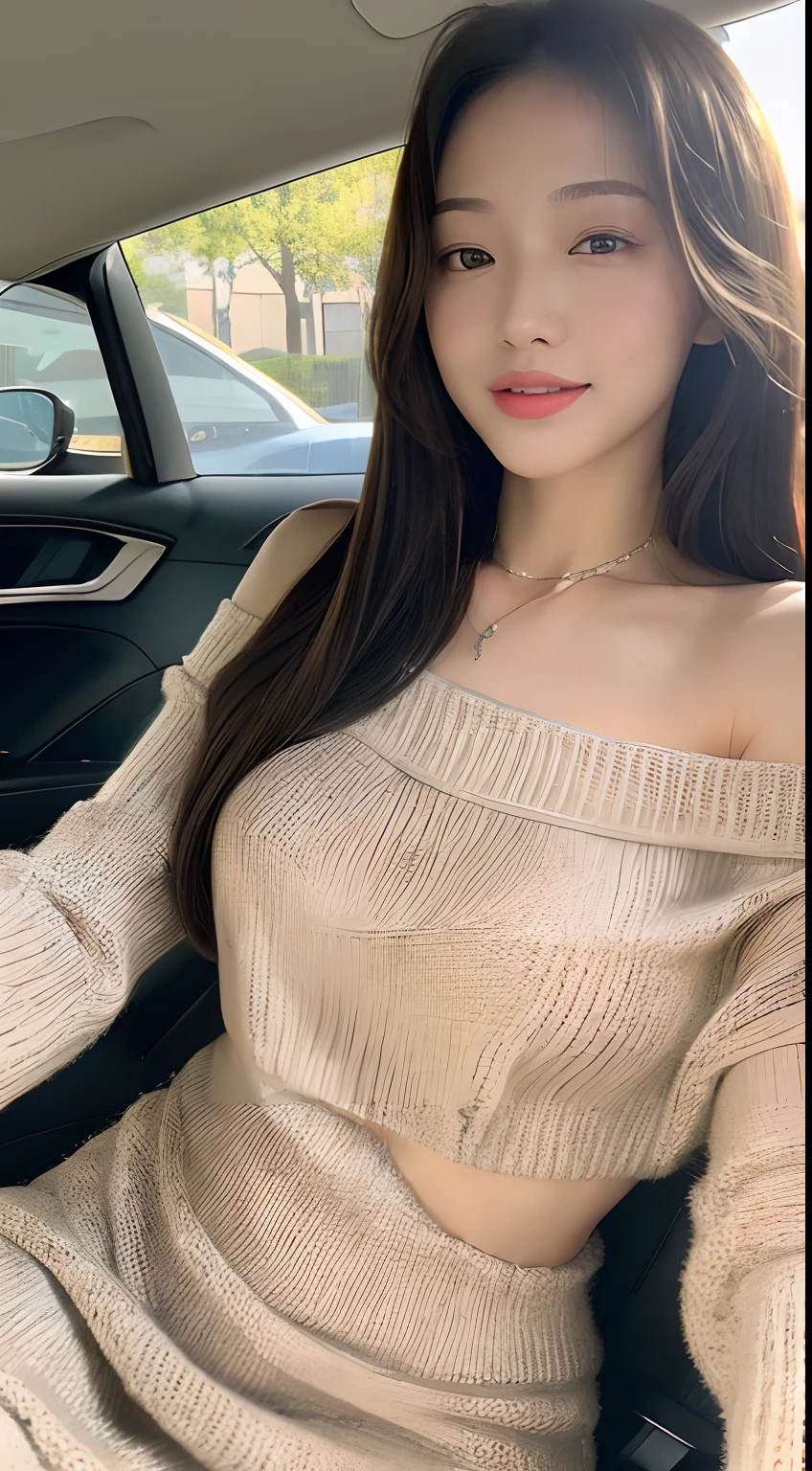 ((Best Quality, 8k, Masterpiece:1.3)), Focus:1.2, Perfect Body Beauty:1.4, Buttocks:1.2, ((Delicate Hair)), (Sweater Dress:1.1) , (Sports car, street: 1.2), Highly detailed face and skin texture, Detailed eyes, Double eyelids, whitening skin, Big breasts, smile, wearing necklaces, rings, people sitting in cars with their  up,