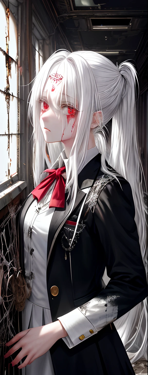 1girll, White hair, Red eyes, (s girl_Shot:1.2), Face focus, Long hair, side locks,Collapsed crying,Extreme panic,After being violated ,Scared,(terrified:1.1) expression, holding teddy bear, Atmospheric lighting, Moody, Darkness, In an abandoned old museum, Clear glass display case full of interesting items, Dusty, Post-apocalypse, spiderwebs, masterful, Beautiful 8k wallpaper, Extremely detailed, Intricate,Wear a black and white suit,Broken clothes,Bleeding in the lower body