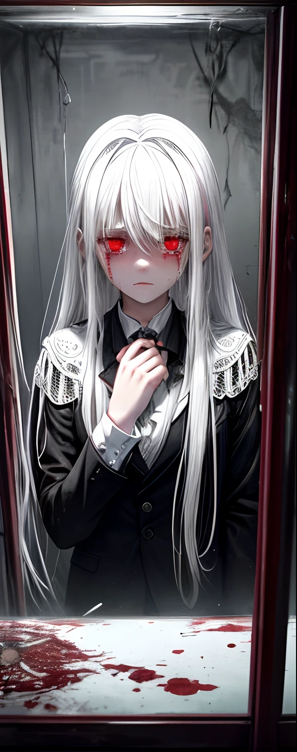1girll, White hair, Red eyes, (teens girl_Shot:1.2), Face focus, Long hair, side locks,Collapsed crying,Extreme panic,After being violated ,Scared,(terrified:1.1) expression, holding teddy bear, Atmospheric lighting, Moody, Darkness, In an abandoned old museum, Clear glass display case full of interesting items, Dusty, Post-apocalypse, spiderwebs, masterful, Beautiful 8k wallpaper, Extremely detailed, Intricate,Wear a black and white suit,Broken clothes,Bleeding in the lower body