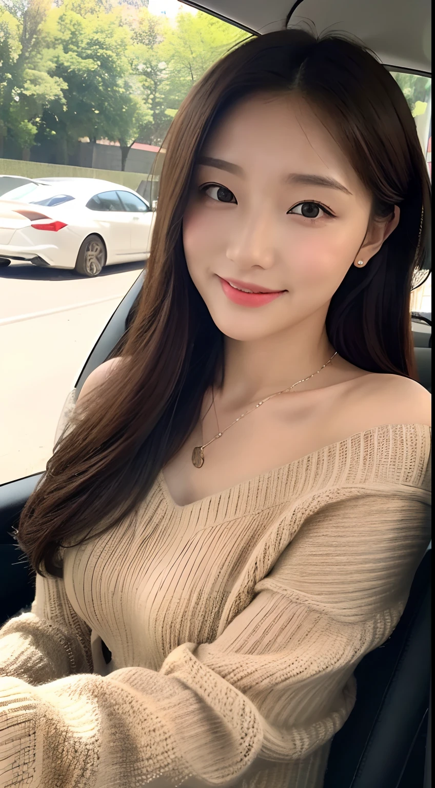 ((best qualtiy, 8k, tmasterpiece:1.3)), Focus:1.2, perfect figure beautiful woman:1.4,cropped shoulders, Cocked buttocks:1.2, ((Exquisite Hair)), (sweaterdress:1.1) , (Sports car, street: 1.2), Highly detailed facial and skin texture, A detailed eye, 二重まぶた,Whiten skin,huge tit,ssmile,Wear a necklace,gyuru,People sit in cars and their asses,