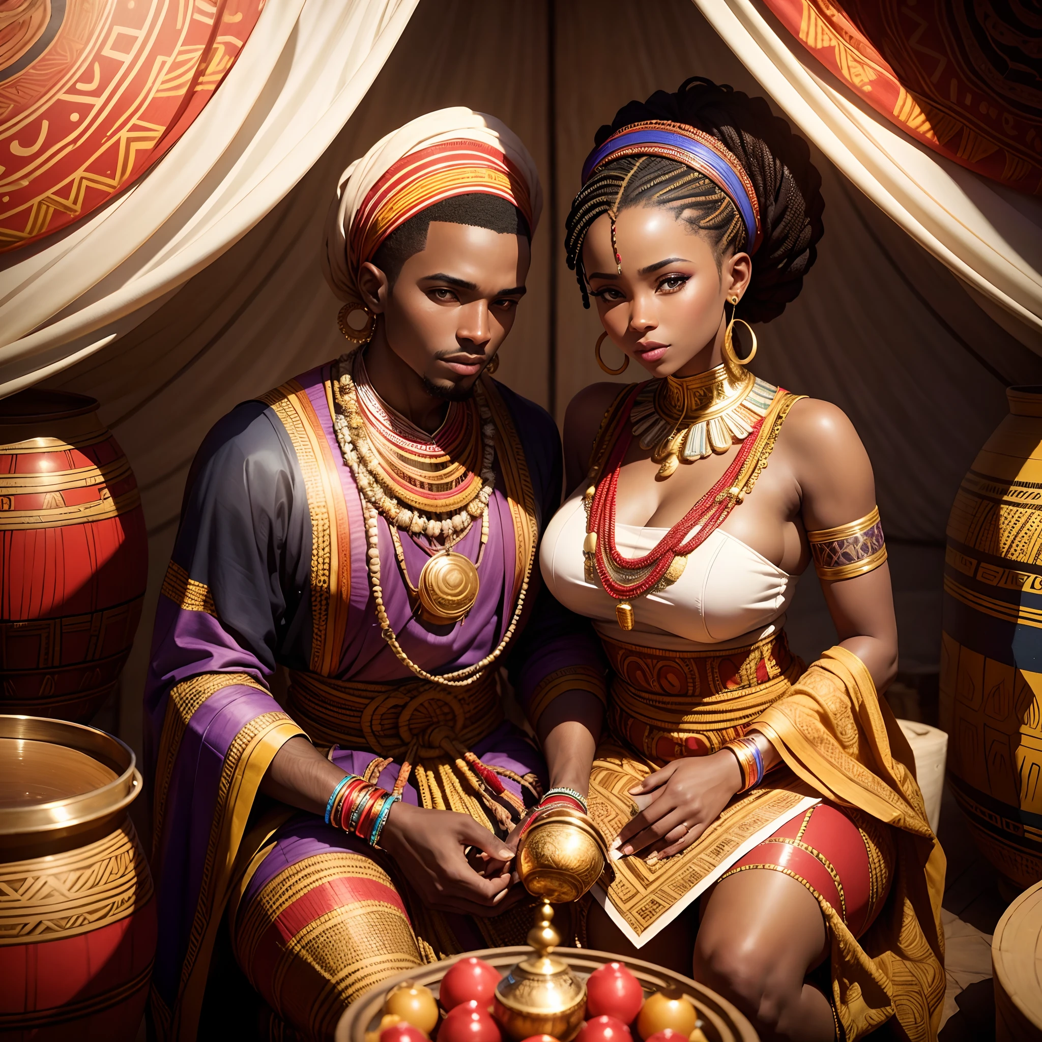 /imagine prompt:Egyptian Afro king with Aztec Colombian queen both gathered doing a ritual drinking wine and smoking herbs, around them the city of Thebes in ancient Egypt realistic, psychedelic, Dark Academia, amigurumi, aerial view, Animation, Detailed, Collage, purple colors, Unworldly, full moon lighting, Studio quality --auto --s2