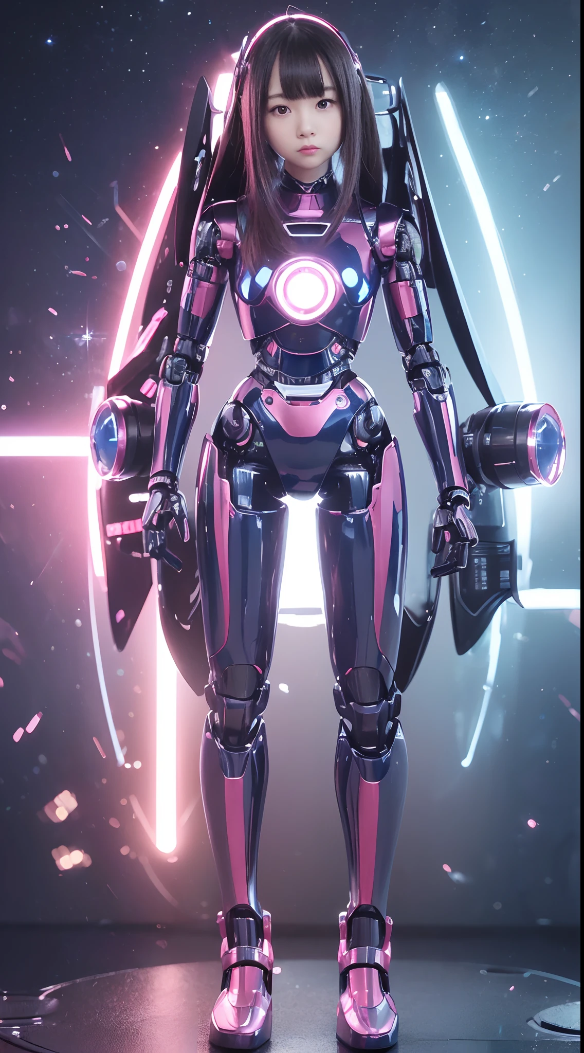 (Photorealsitic:1.4)、one girl、(top-quality)、(hyperdetailed face)、(Super well-formed face)、((Robot Parts))、(Robot Girl)、(Blue)、(pink there)、(Burgundy)、(metallic)、(full-body)、(sexy pose)、(Slender body)、(Model body type)、(full body mech)、(mechanical exposure)、(Akihabara)、(is looking at the camera)、(A dark-haired)、(Well-proportioned girl)、(a small face)、(Idol)、(front facing)、(Standing with legs open)、(Hands on hips)、(Photo session)、(Looks sad)、(perfect-robot-girl)