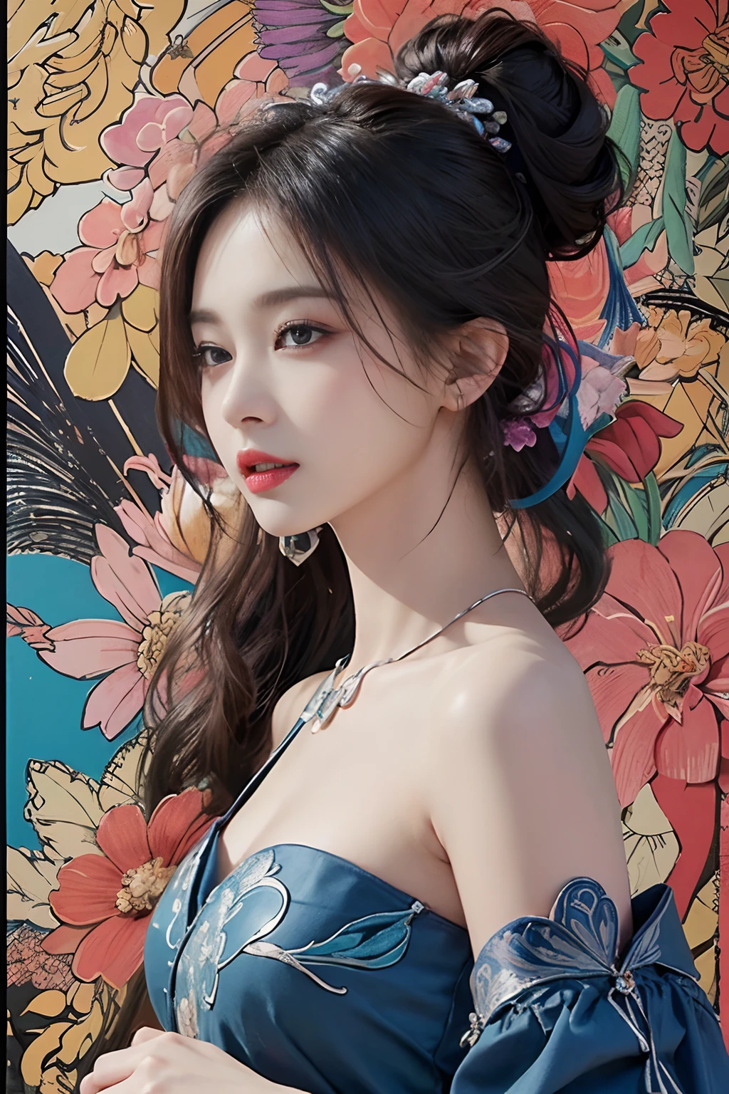 (masterpiece、top-quality、top-quality、Official Art、Beautifully Aesthetic:1.2)、(1girl in:1.3)、ighly detailed、(Fractal art:1.1)、(colourfull:1.1)(florals:1.3)、highestdetailed、(Zentangle:1.2)、(dynamicposes)、(abstract background:1.3)、(Chinese Traditional Cloth:1.2)、(shinny skin)、(many colors:1.4)、、(耳Nipple Ring:1.4)、off shoulders