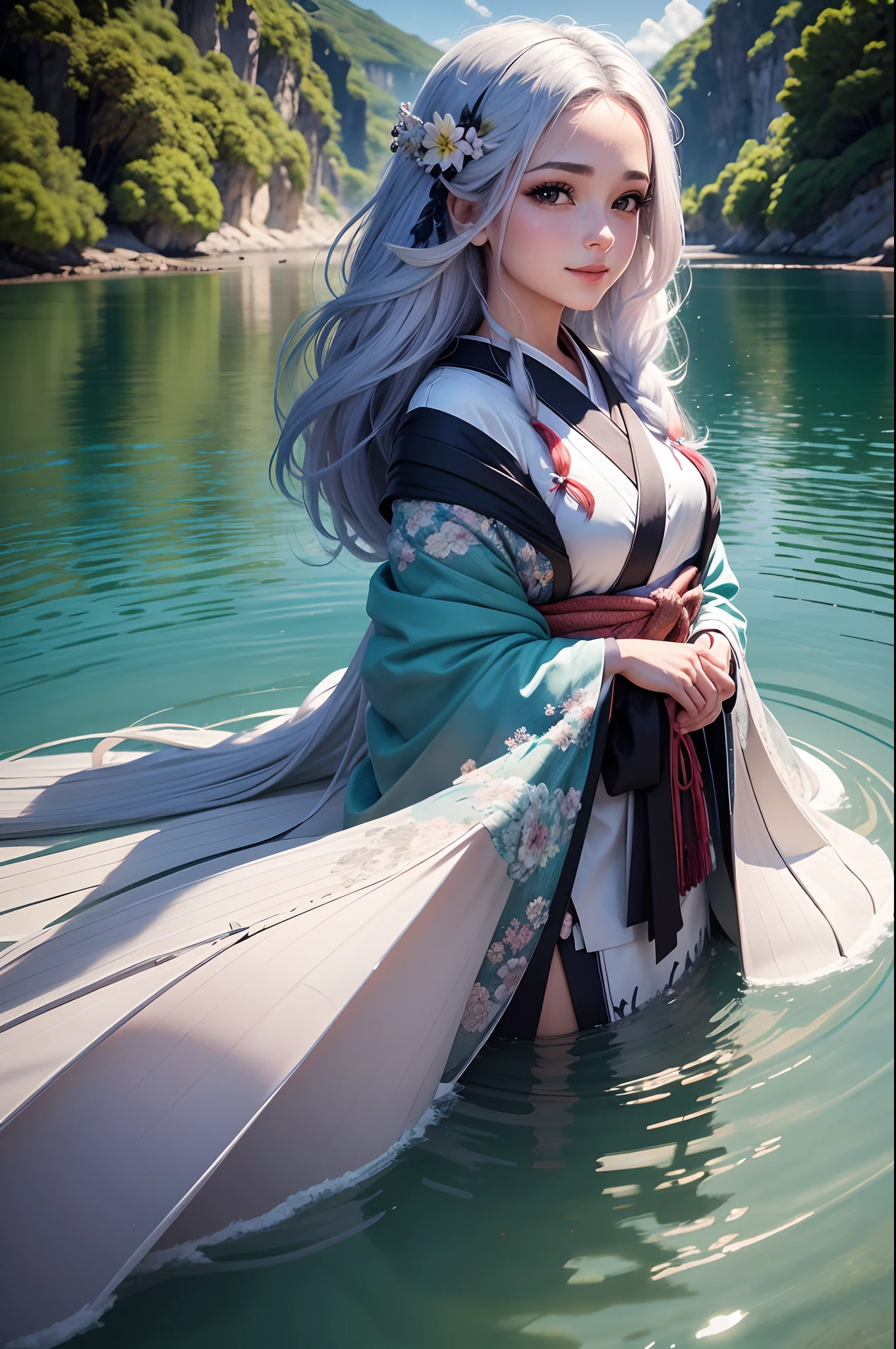 1muler, 30 anos, vestida com kimono, em um lago encantado, cabelos prateados, maquiagem, sorriso discreto, High detail, brilho, social media composition, linhas de movimento, surrealismo, UHD, master part, anatomicamente correto, super detalhe, Concedido, melhor qualidade