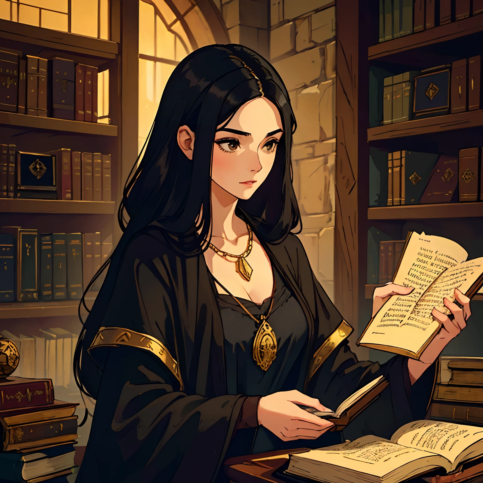 (best quality,highres),beautiful woman with black hair,dressed in black medieval clothing,in a library,soft lighting,old books,vintage atmosphere,bookshelves filled with ancient manuscripts,detailed facial features,long flowing hair,golden necklace,poised and elegant posture,serene expression