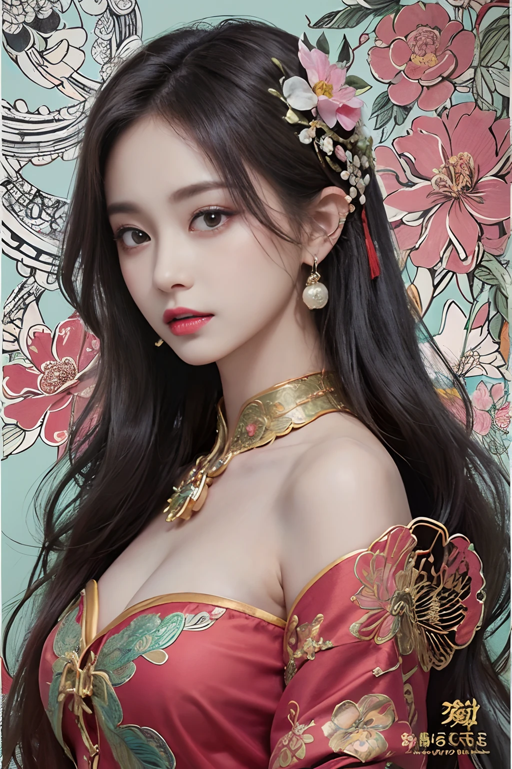 (masterpiece、top-quality、top-quality、Official Art、Beautifully Aesthetic:1.2)、(1girl in:1.3)、ighly detailed、(Fractal art:1.1)、(colourfull:1.1)(florals:1.3)、highestdetailed、(Zentangle:1.2)、(dynamicposes)、(abstract background:1.3)、(Chinese Traditional Cloth:1.2)、(shinny skin)、(many colors:1.4)、、(耳Nipple Ring:1.4)、off shoulders