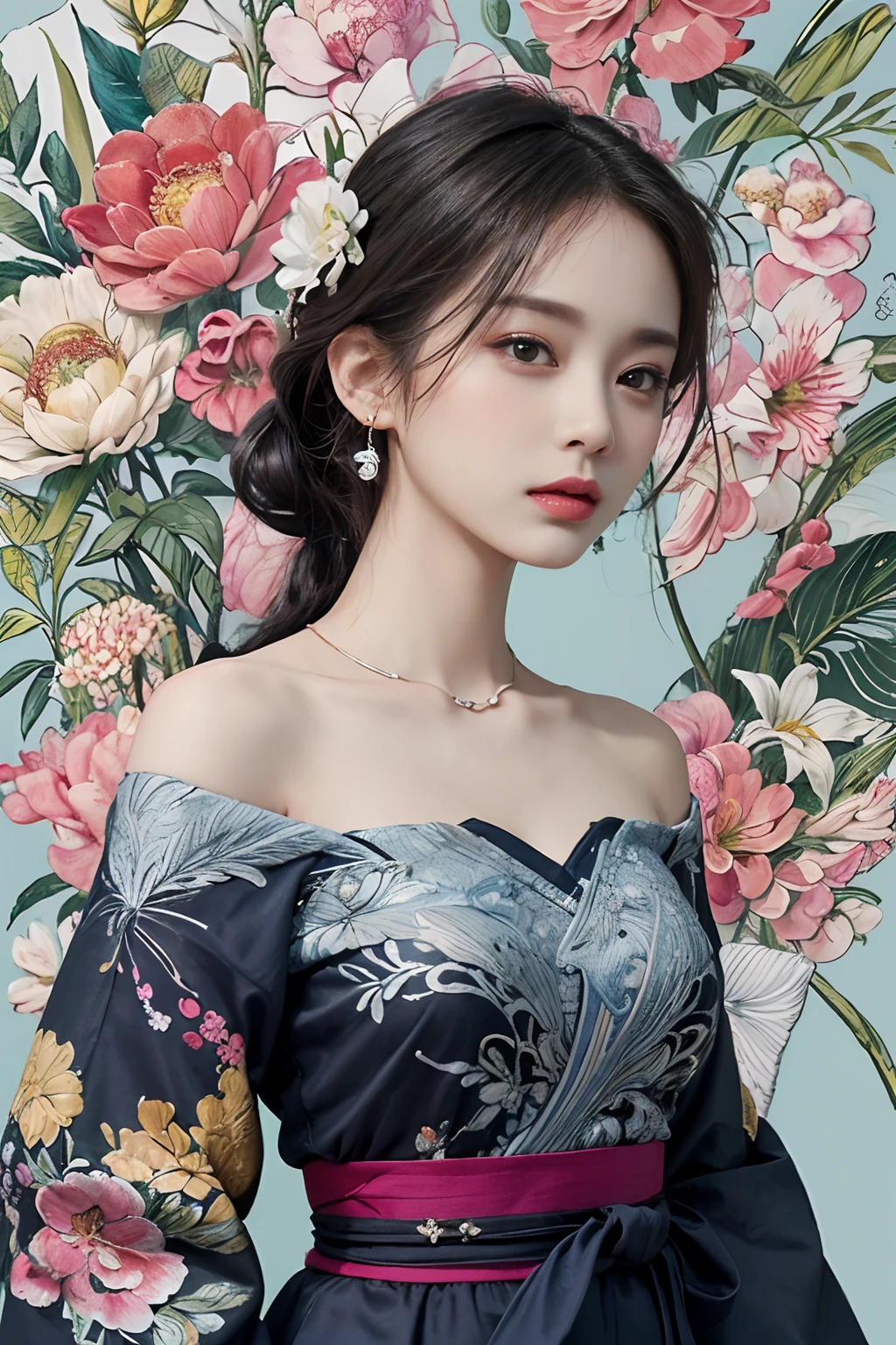 (masterpiece、top-quality、top-quality、Official Art、Beautifully Aesthetic:1.2)、(1girl in:1.3)、ighly detailed、(Fractal art:1.1)、(colourfull:1.1)(florals:1.3)、highestdetailed、(Zentangle:1.2)、(dynamicposes)、(abstract background:1.3)、(Chinese Traditional Cloth:1.2)、(shinny skin)、(many colors:1.4)、、(耳Nipple Ring:1.4)、off shoulders
