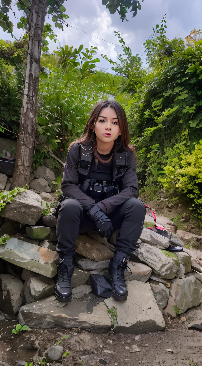 there is a woman sitting on a pile of rocks with a camera, photograph of a techwear woman, profile shot, wearing techwear and armor, dressed in tactical armor, ready for combat, portrait of modern darna, portrait of a female ranger, in black uniform, with rifle, nivanh chanthara, full body photogenic shot, wearing tactical gear