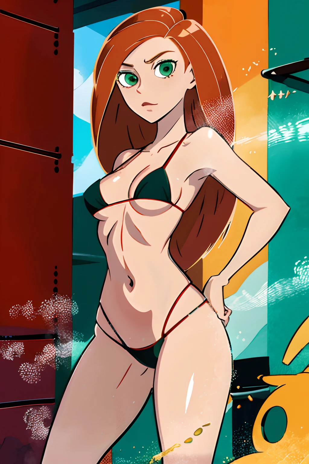 best quality, highres, and18, 1girl, kim possible, solo,  red micro bikini  , ginger hair, (green eyes), long hair, medium breasts, cowboy shot, school shower, steam, mist,