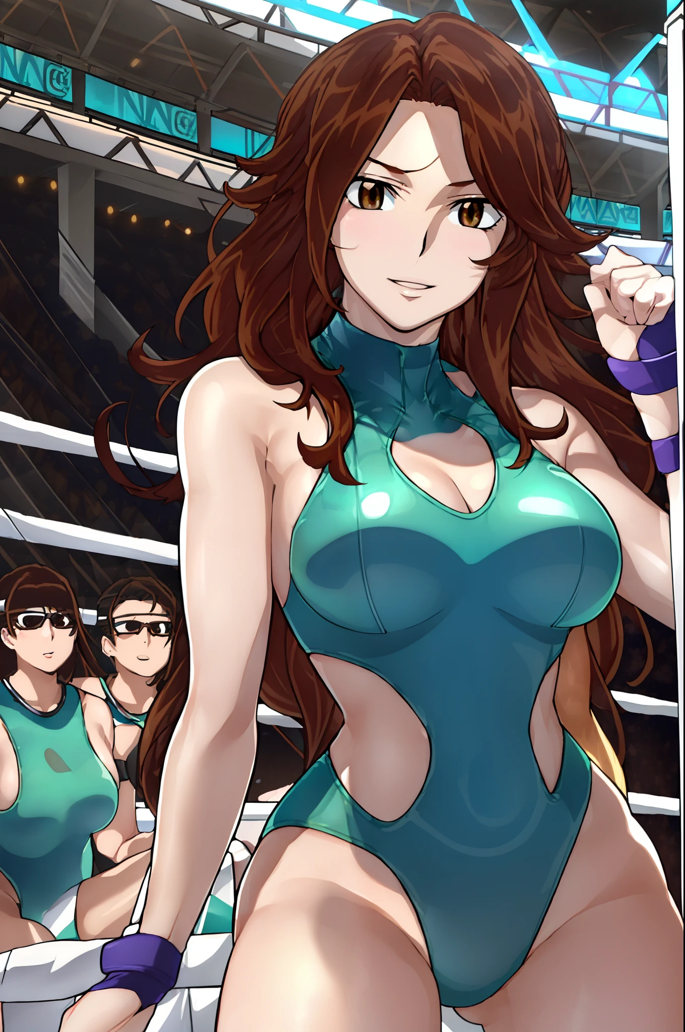 cowboy shot, ultra detailed face, ultra detailed body, 4k, Sumergai Lee Noriega, best quality, anime style, hires, highest definition, digital blending, bold drawing lines, ((slender body, female wrestler), (location: wrestling arena, crowds watching), (slender body, broad shoulders), mature woman, (wrestling gear, collar band), victorious, gorgeous, winner, smile, (pale skin, shiny skin, lighting and shadow), (big breasts), (warming up), (brown, long hair), 27 years old,