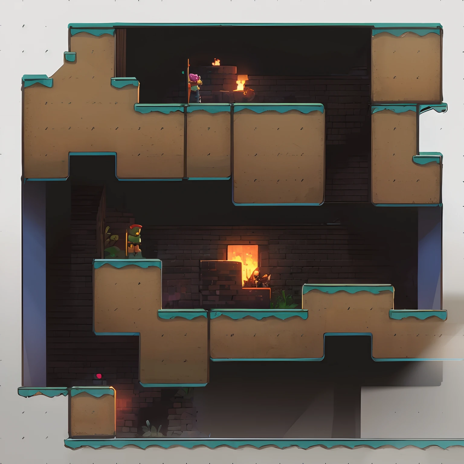 A platform game cave dungeon, rocks, chests, leathers, platformer, sidescroller, gameplay, by eme, plant, stairs,
simple background, white background,