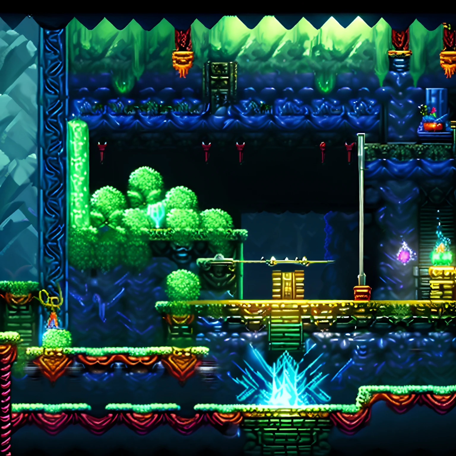 platform_game, sidescroller:2, Dark cave with some water, torchs, muchruns, cristal stones, chains, cell gate, castlevania, rogue legacy, by eme, platformer:2